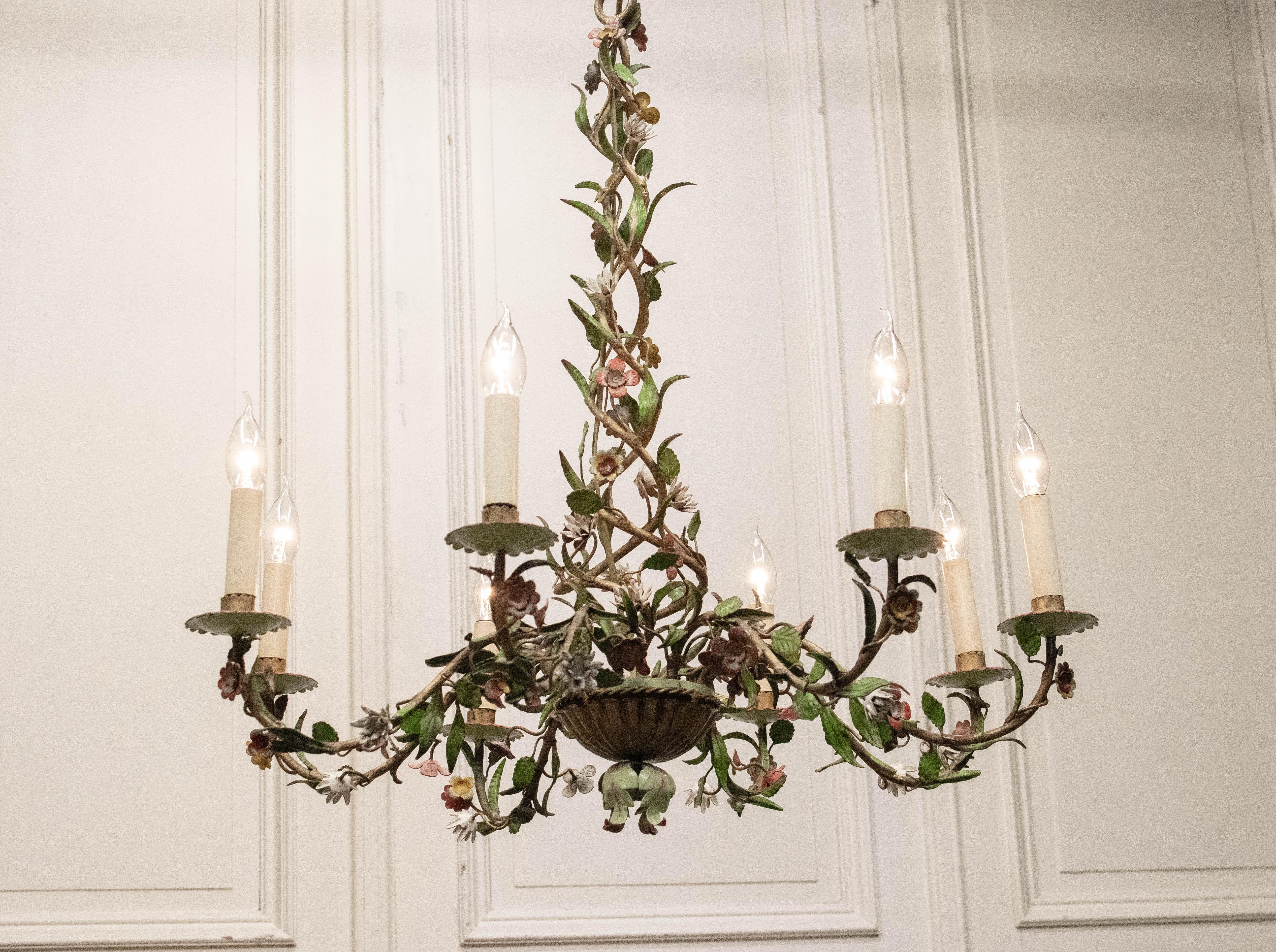 Art Nouveau 1920s , Large French Polychrome Painted Tole Chandelier For Sale