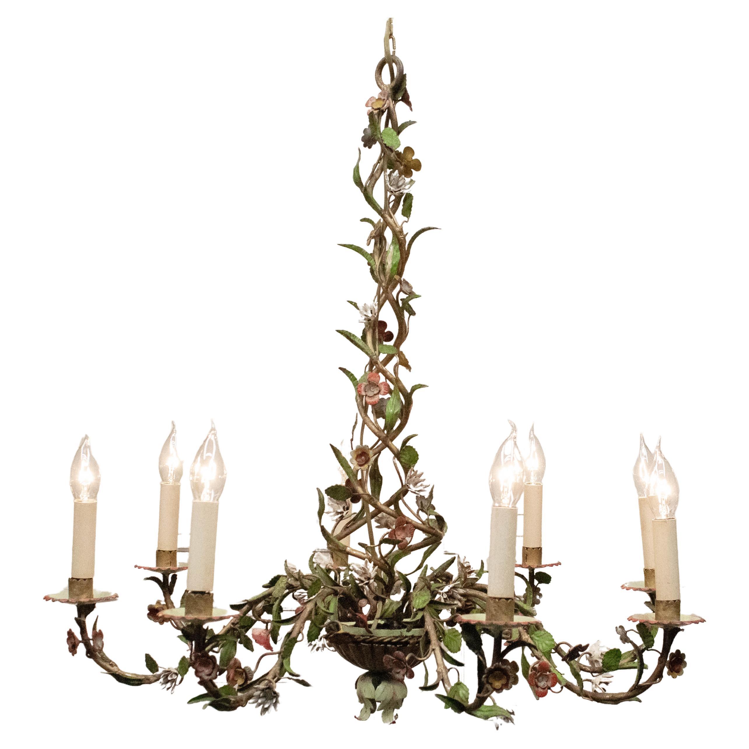1920s , Large French Polychrome Painted Tole Chandelier For Sale