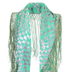 1920s Large Green and Silver Burn Out Panne Silk Velvet Tassled Shawl