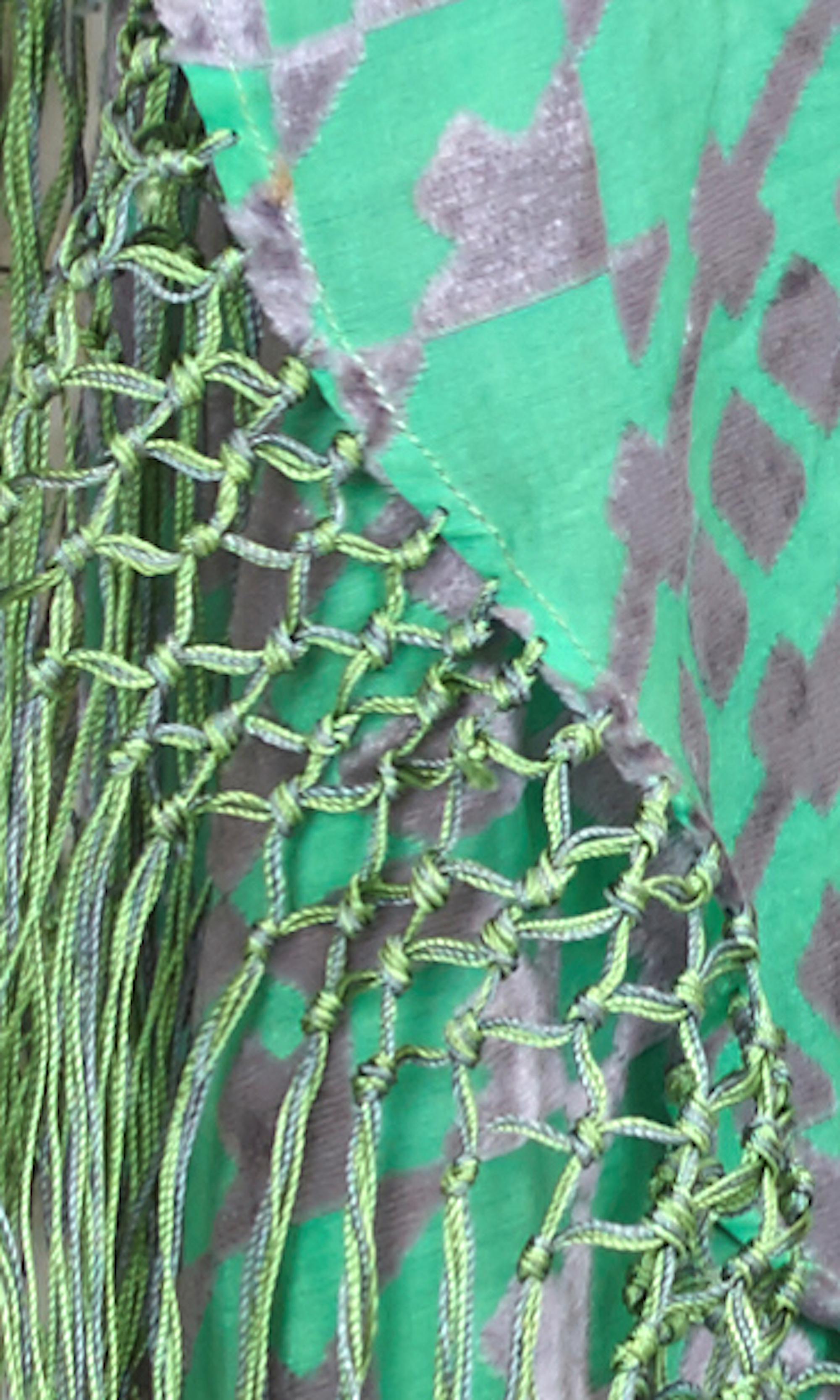 1920s Large Green and Silver Burn Out Panne Silk Velvet Tassled Shawl For Sale 1
