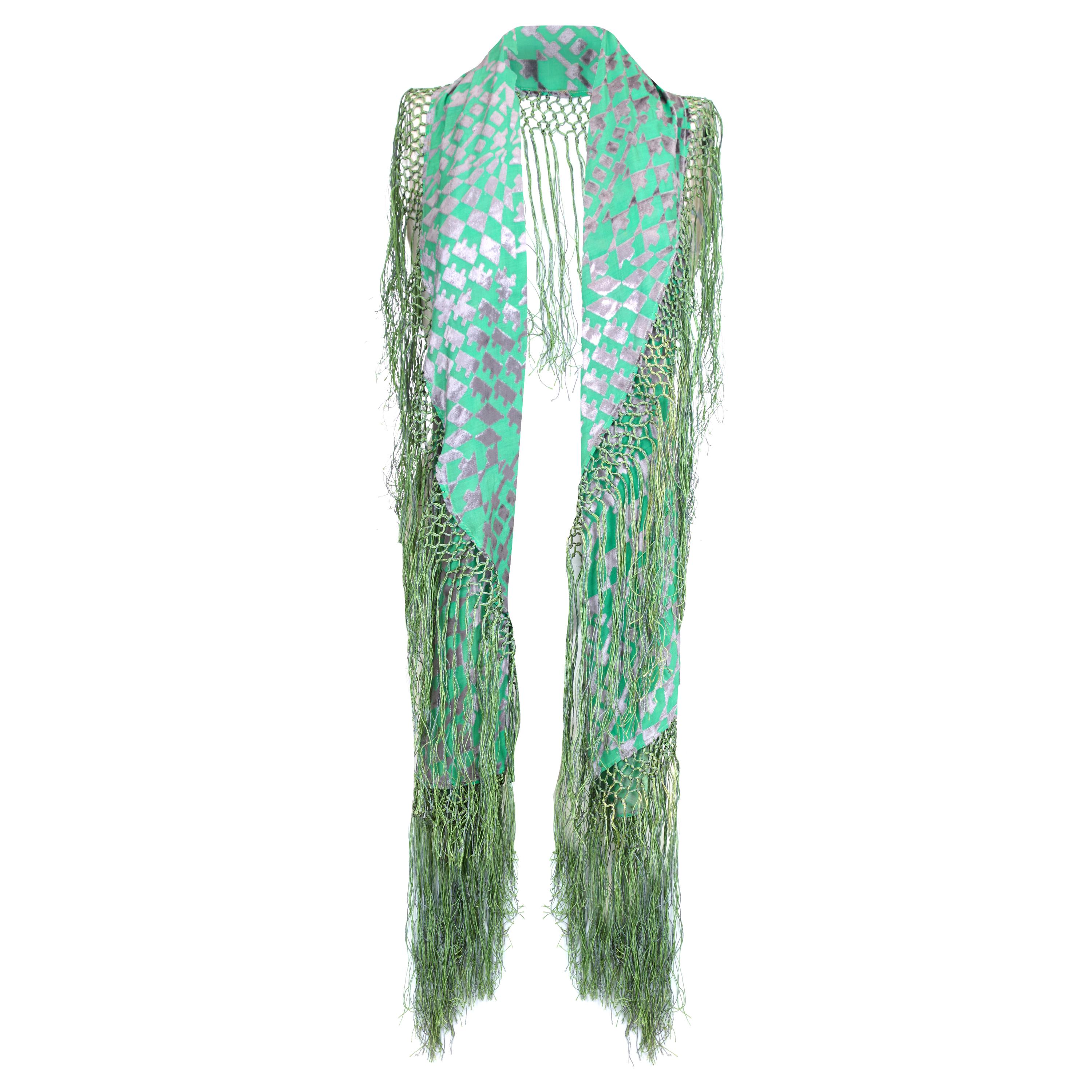 1920s Large Green and Silver Burn Out Panne Silk Velvet Tassled Shawl