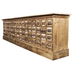 Antique 1920s Large Low Pine Hardware Shop Bank of Drawers, Sixty Eight Drawers