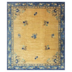 1920s Large Size Bold Yellow Field Handknotted Art Deco Wool Antique Chinese Rug