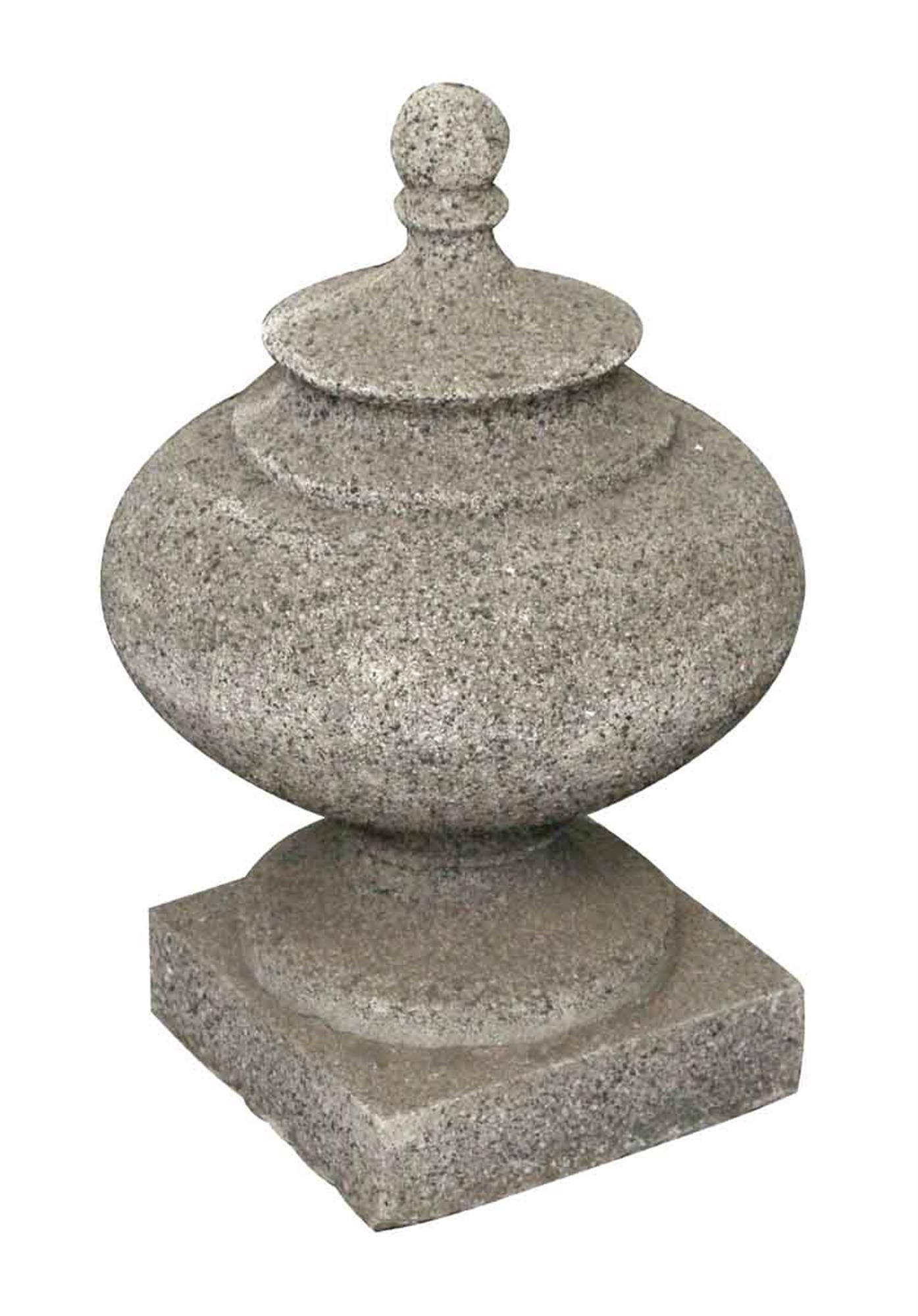 1930s light gray large stone finial with a simple design. From either a porch or garden. This can be seen at our 400 Gilligan St location in Scranton, PA.