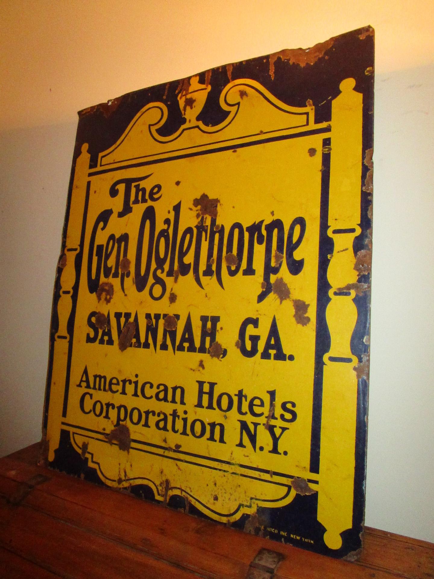 This double sided large tin sign advertises two different hotels in two different states. The Oglethorpe Hotel was built in 1927 as a luxury resort by Henry Walthour on the Wilmington River in Savannah, Georgia. Supposedly construction was financed