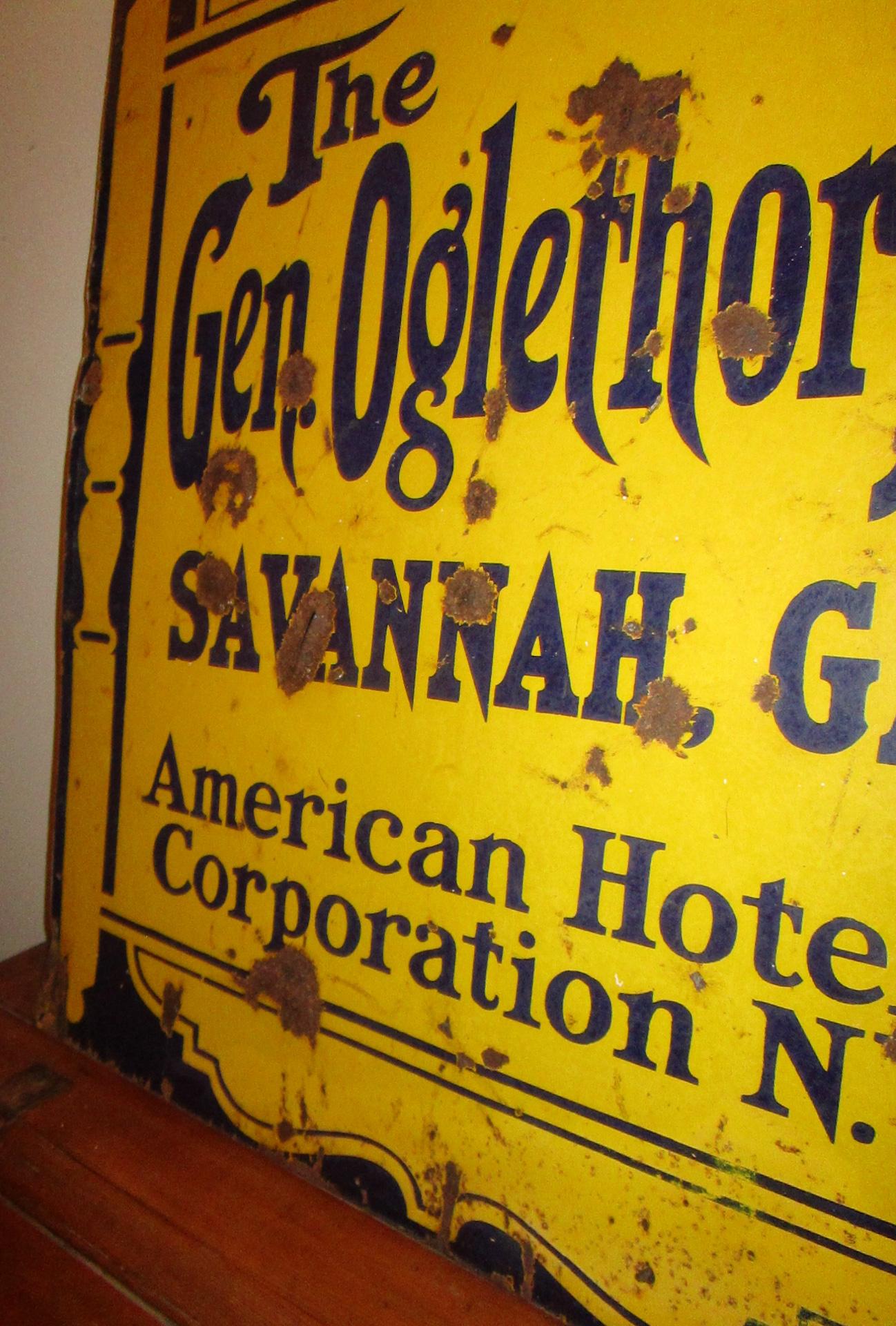 Folk Art 1920's Large Tin Double Sided Advertising Sign from Oglethorpe Hotel Savannah GA