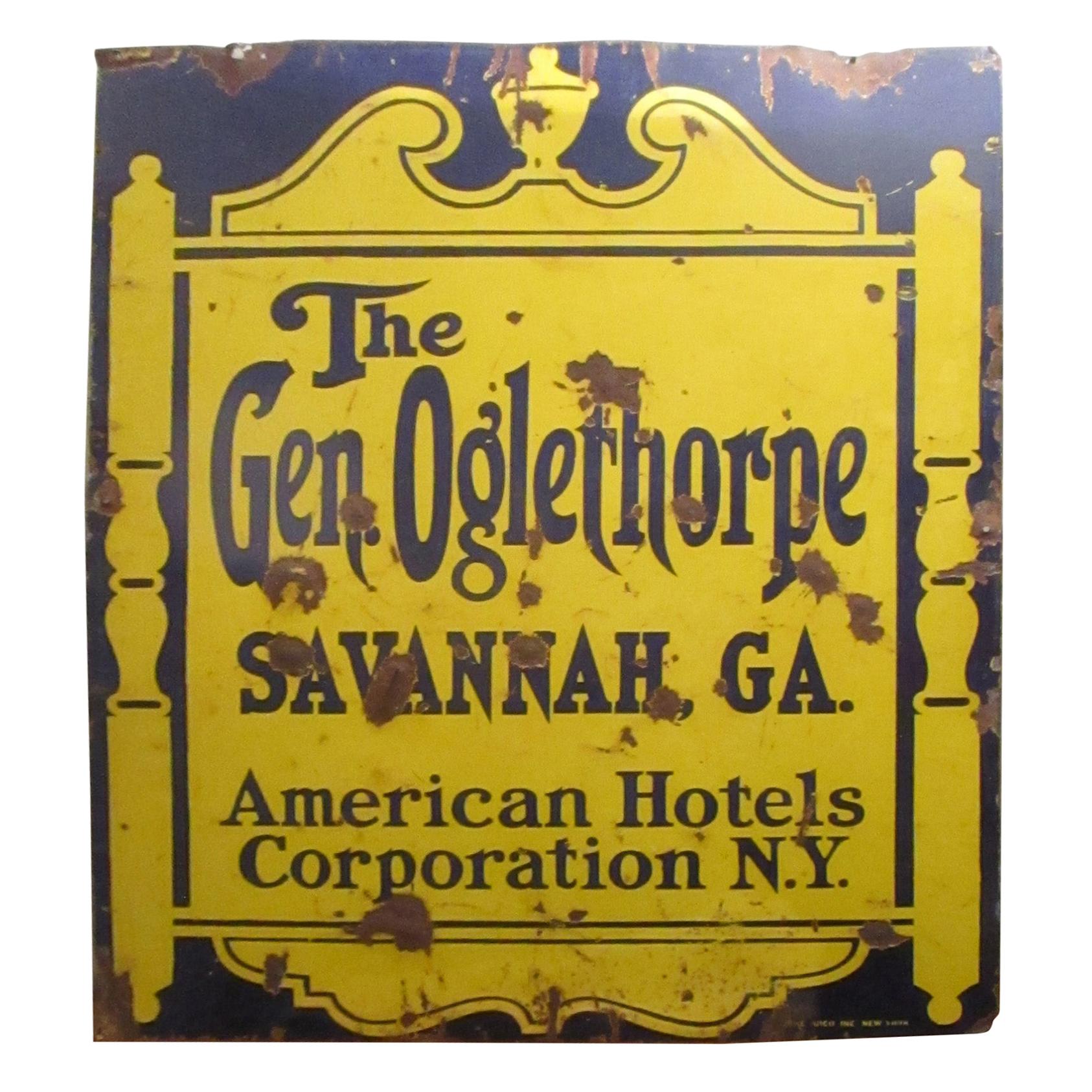 1920's Large Tin Double Sided Advertising Sign from Oglethorpe Hotel Savannah GA
