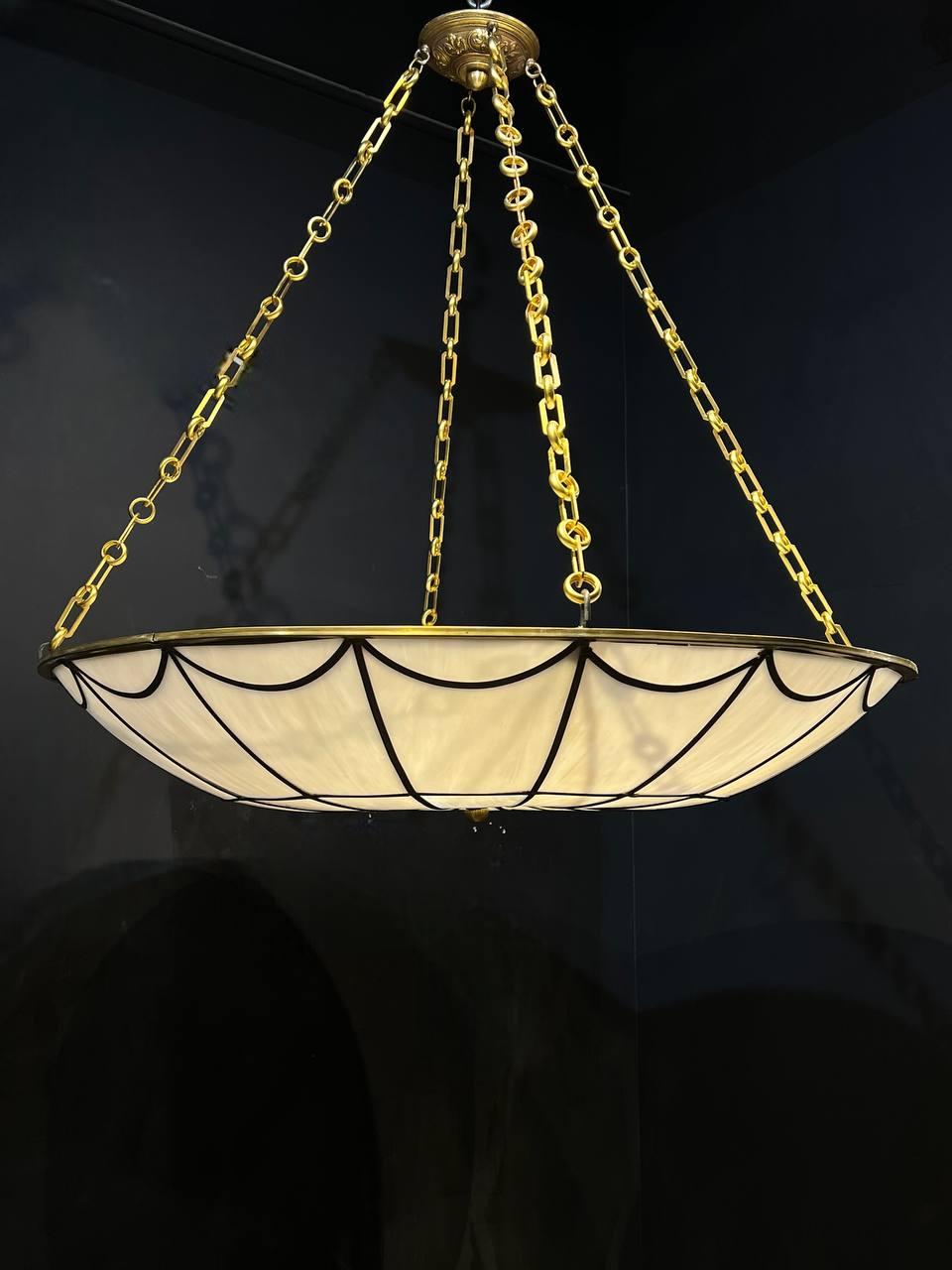 1920's Large Leaded Opaline Glass Light Fixture For Sale 1