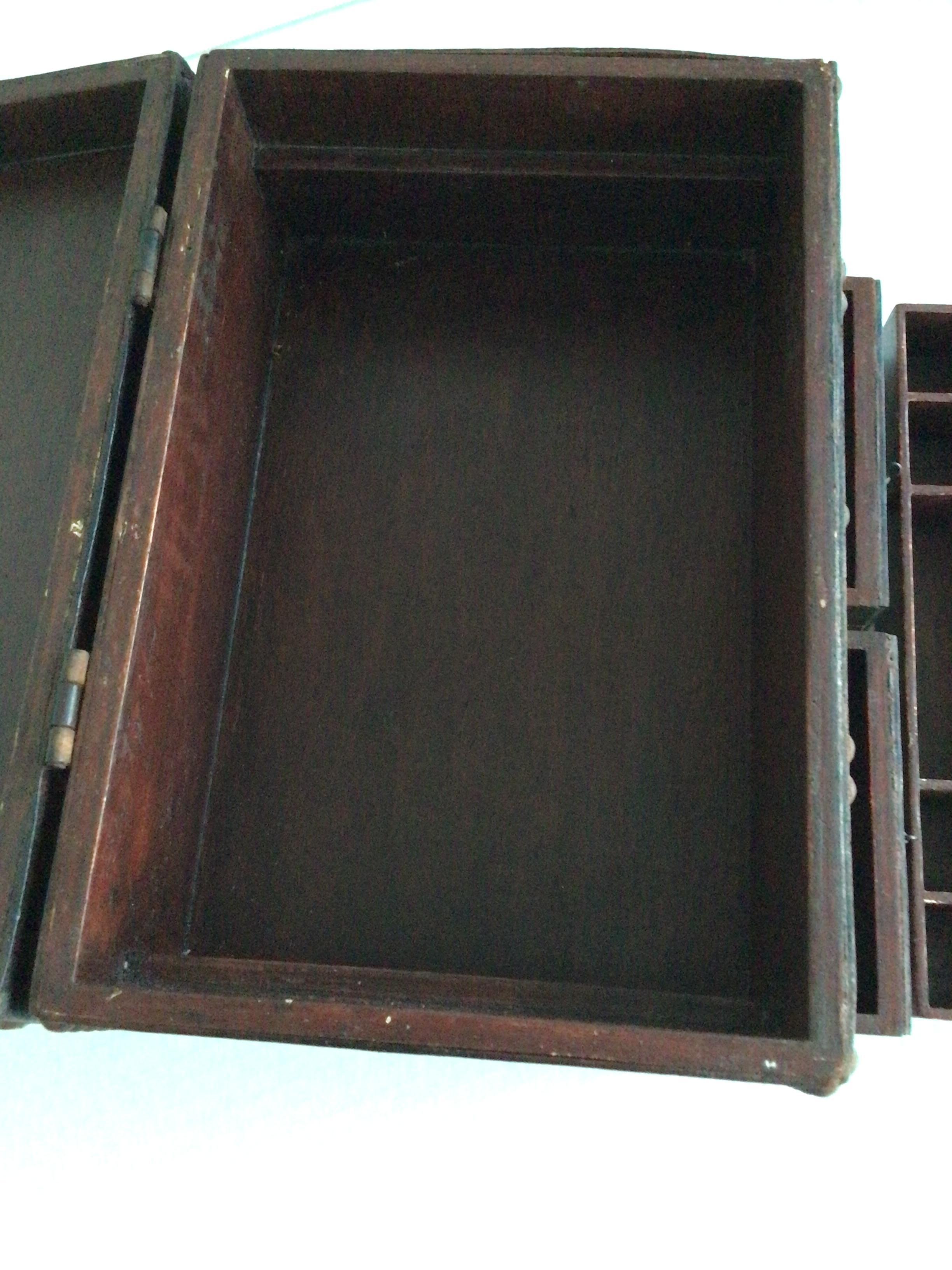 1920s Leather Covered Box with Metal Studs With Drawers and Hinged Lid For Sale 5