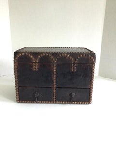 1920s Leather Covered Box with Metal Studs With Drawers and Hinged Lid