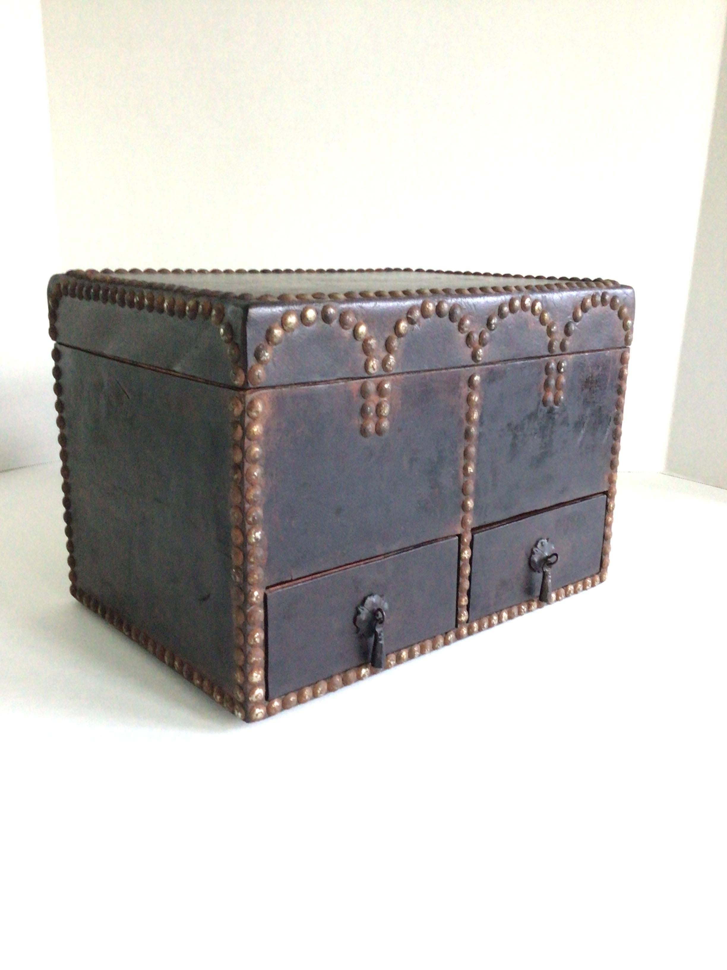 Hand-Crafted 1920s Leather Covered Box with Metal Studs With Drawers and Hinged Lid For Sale