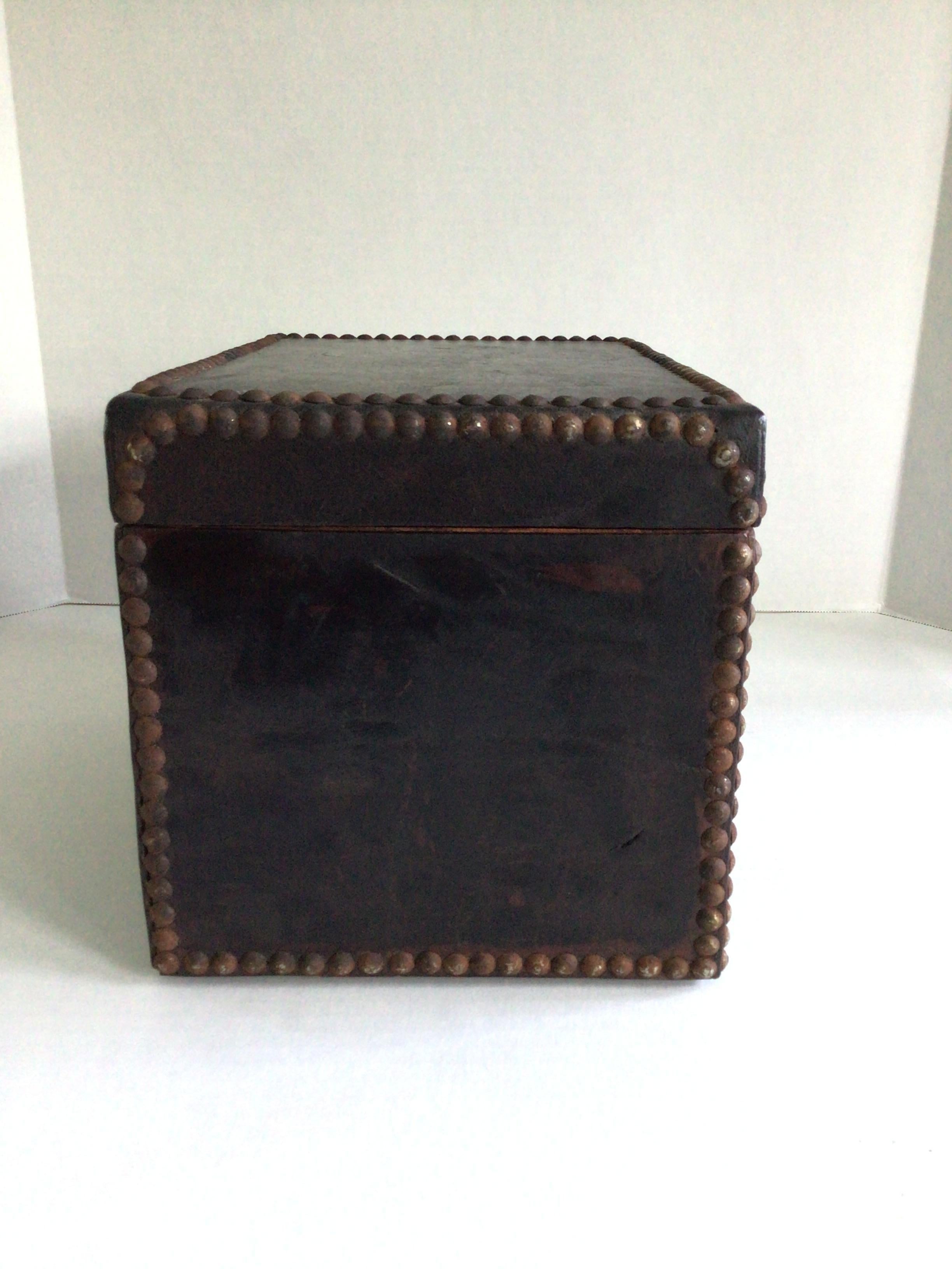 1920s Leather Covered Box with Metal Studs With Drawers and Hinged Lid In Good Condition For Sale In Tarrytown, NY