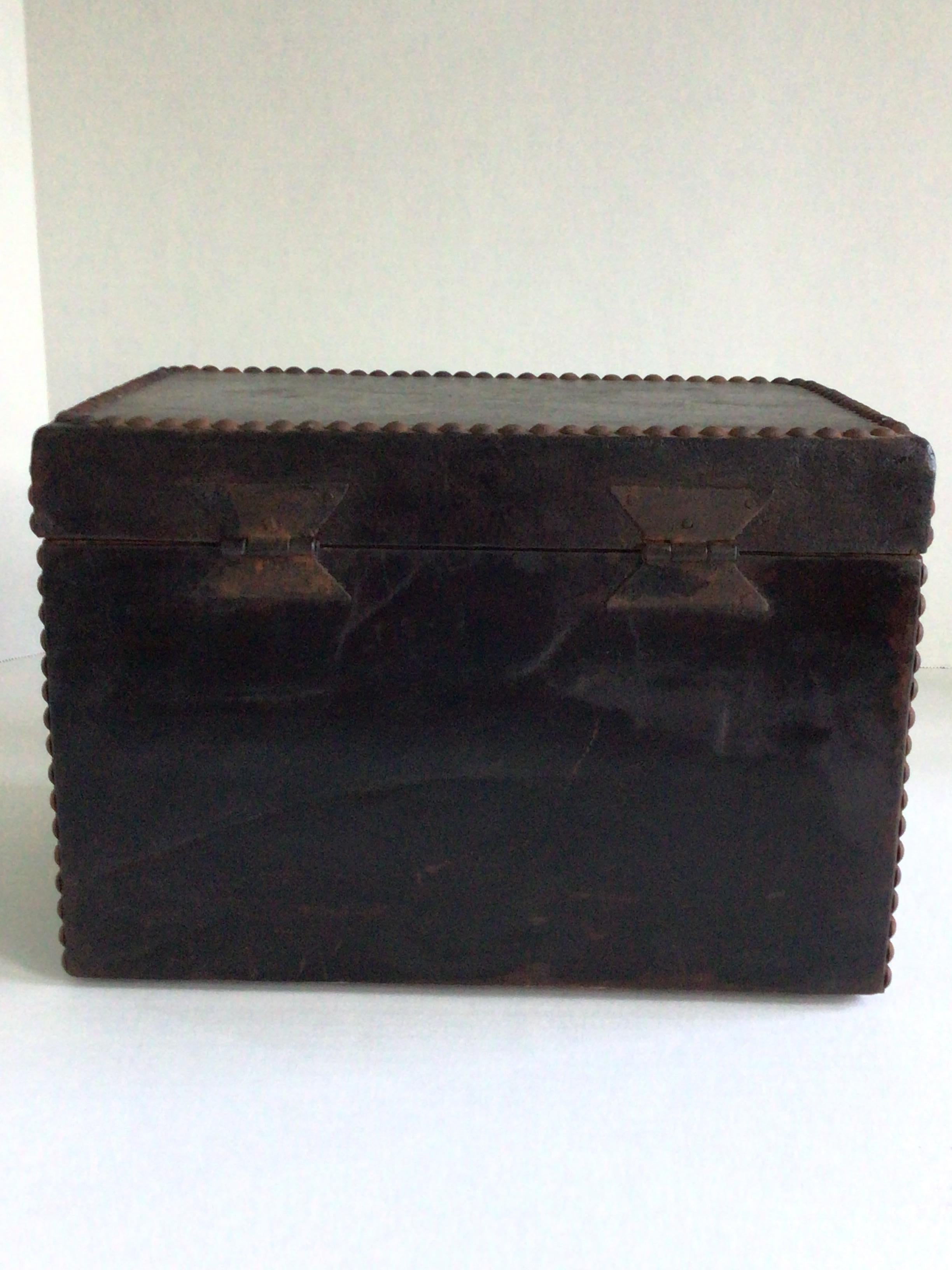Early 20th Century 1920s Leather Covered Box with Metal Studs With Drawers and Hinged Lid For Sale