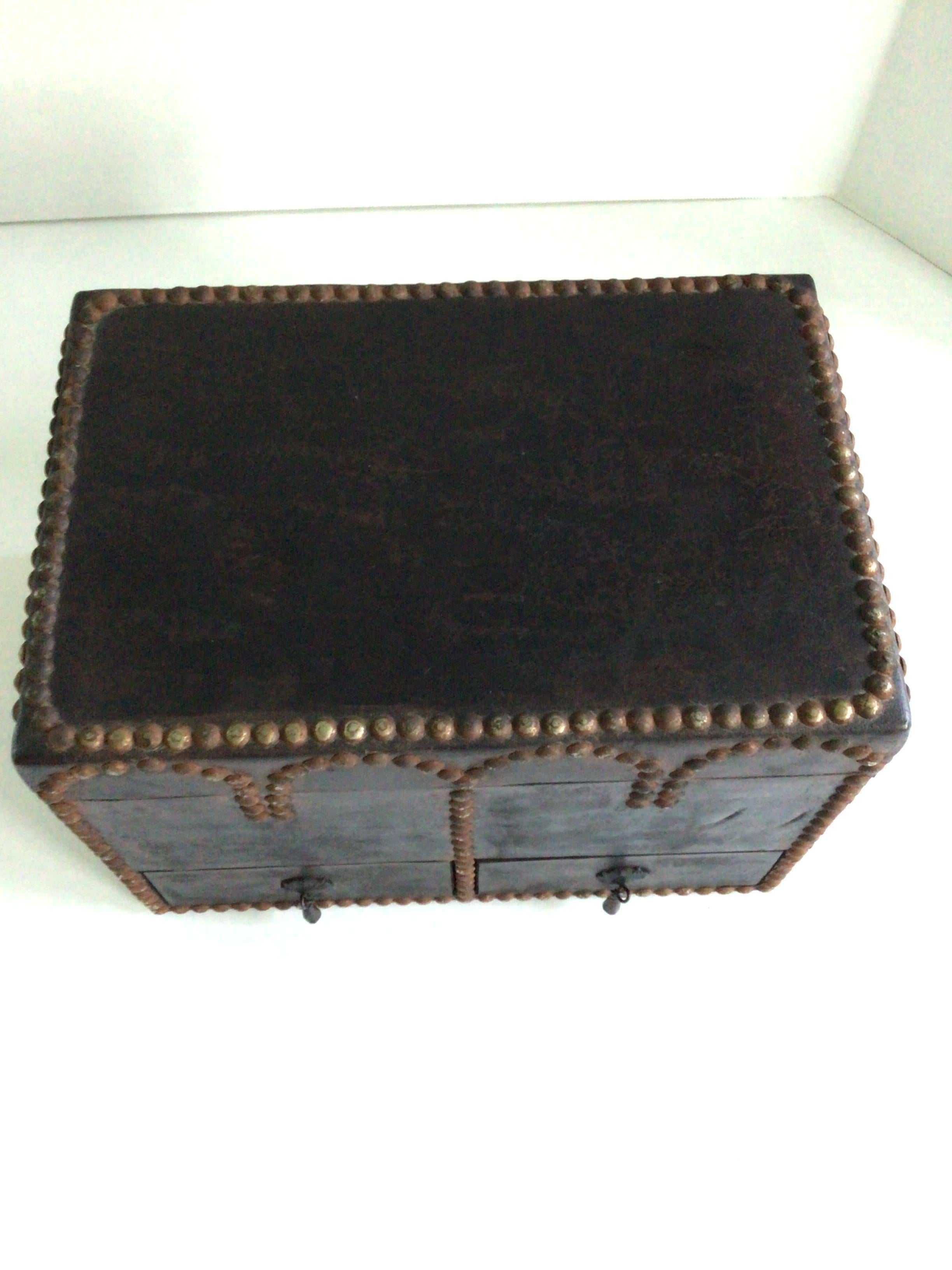 1920s Leather Covered Box with Metal Studs With Drawers and Hinged Lid For Sale 1