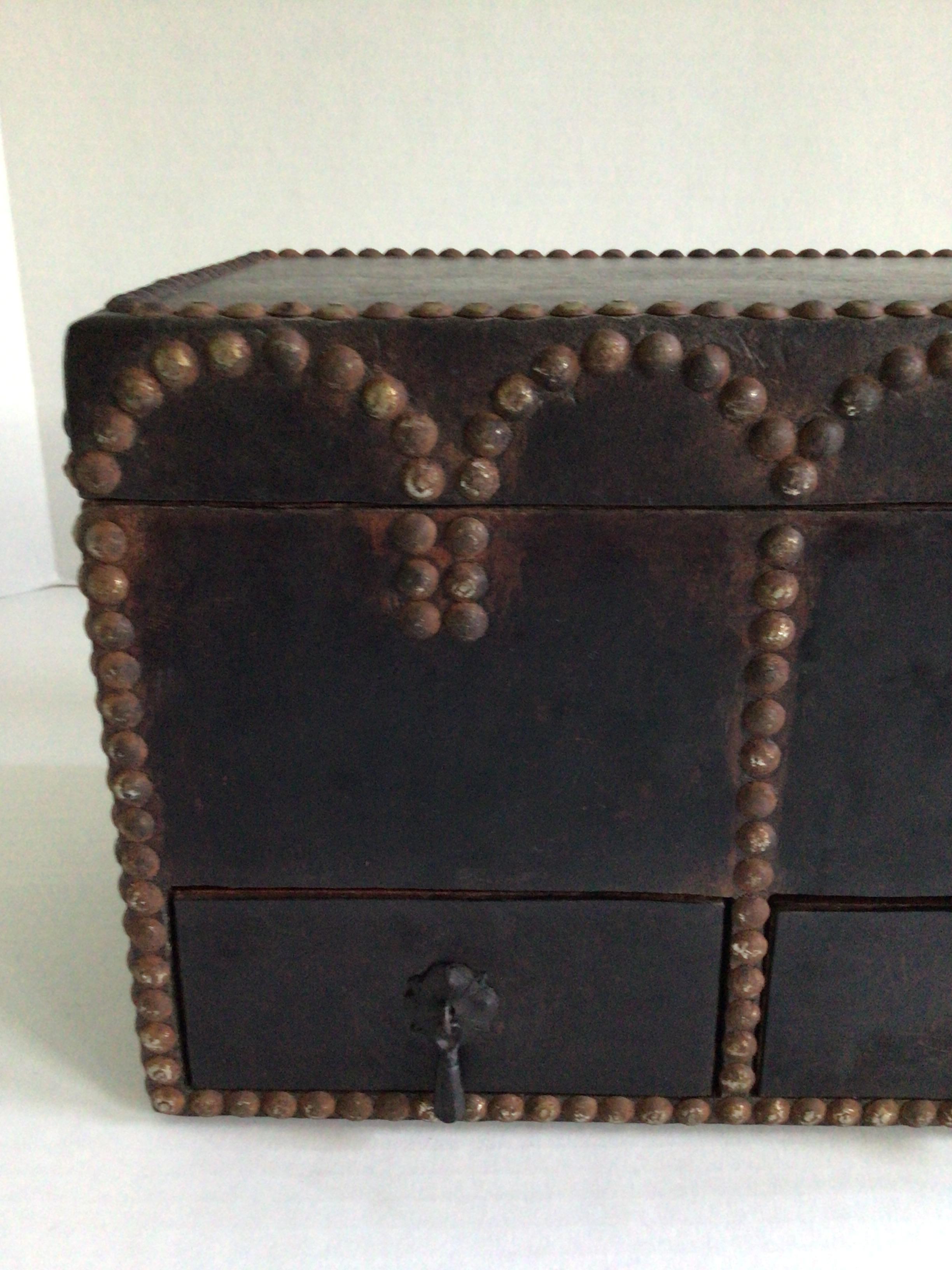 1920s Leather Covered Box with Metal Studs With Drawers and Hinged Lid For Sale 2