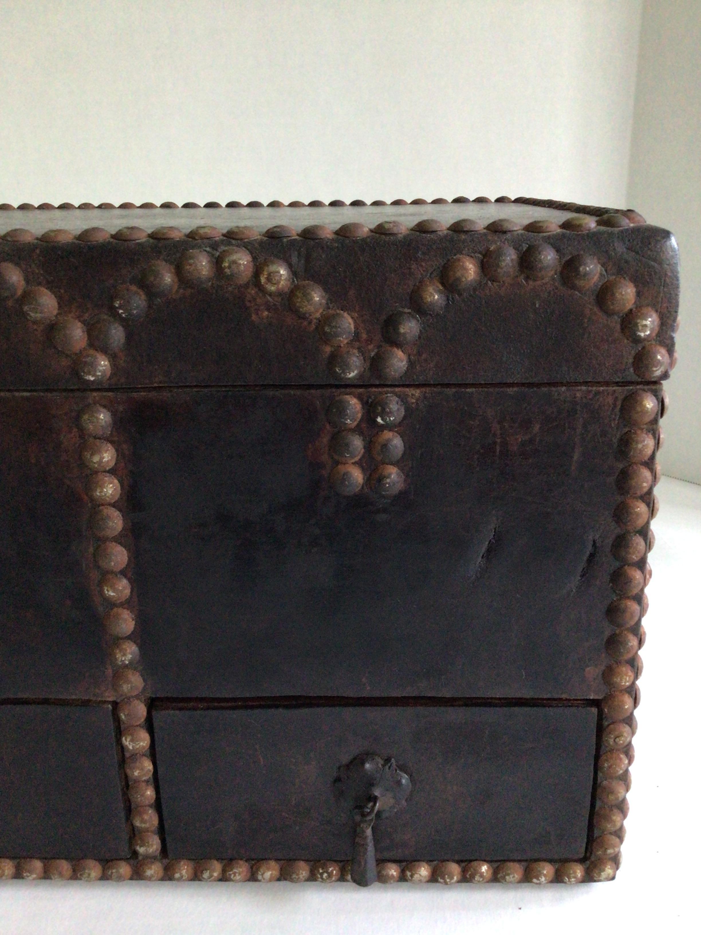 1920s Leather Covered Box with Metal Studs With Drawers and Hinged Lid For Sale 3