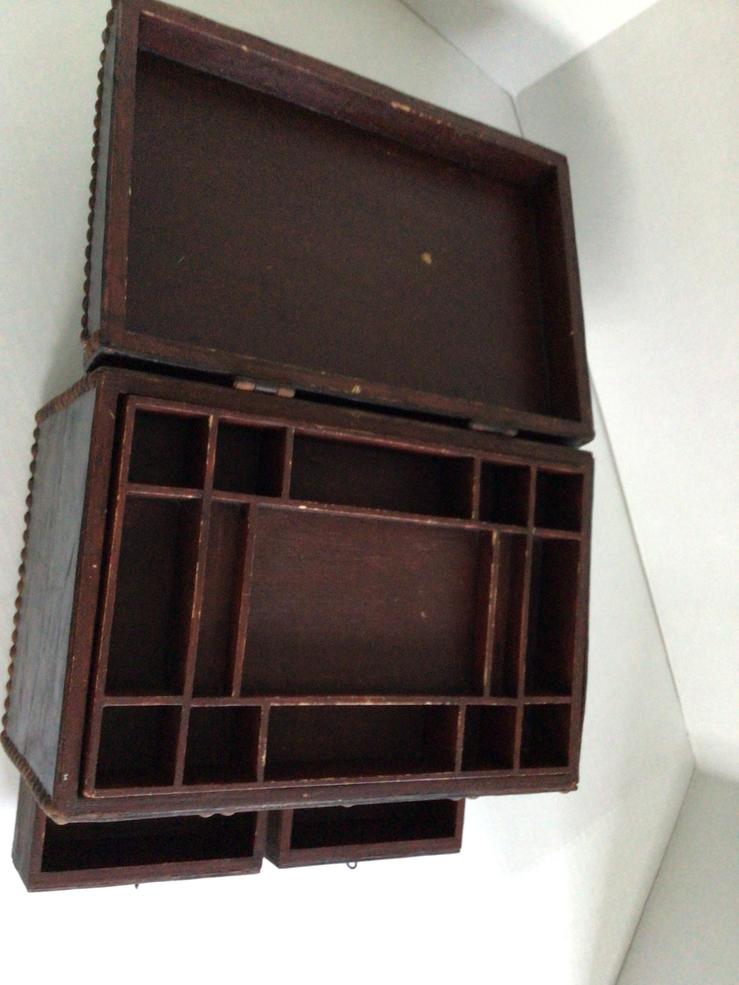 1920s Leather Covered Box with Metal Studs With Drawers and Hinged Lid For Sale 4