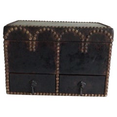 Antique 1920s Leather Covered Box with Metal Studs With Drawers and Hinged Lid