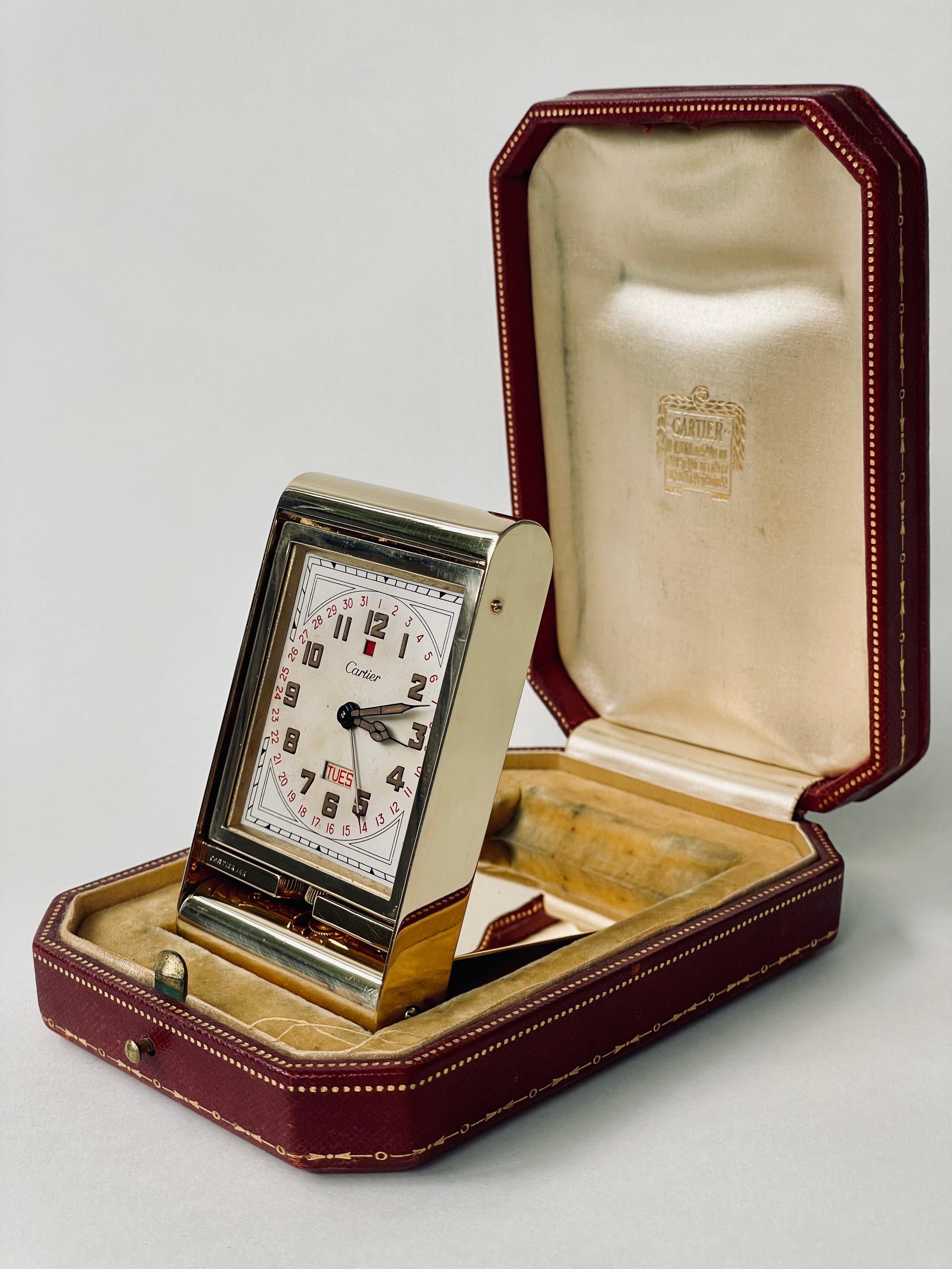 Art Deco Cartier Deco Solid Gold Ados Travel Clock with Original Box, Morgan Provenance