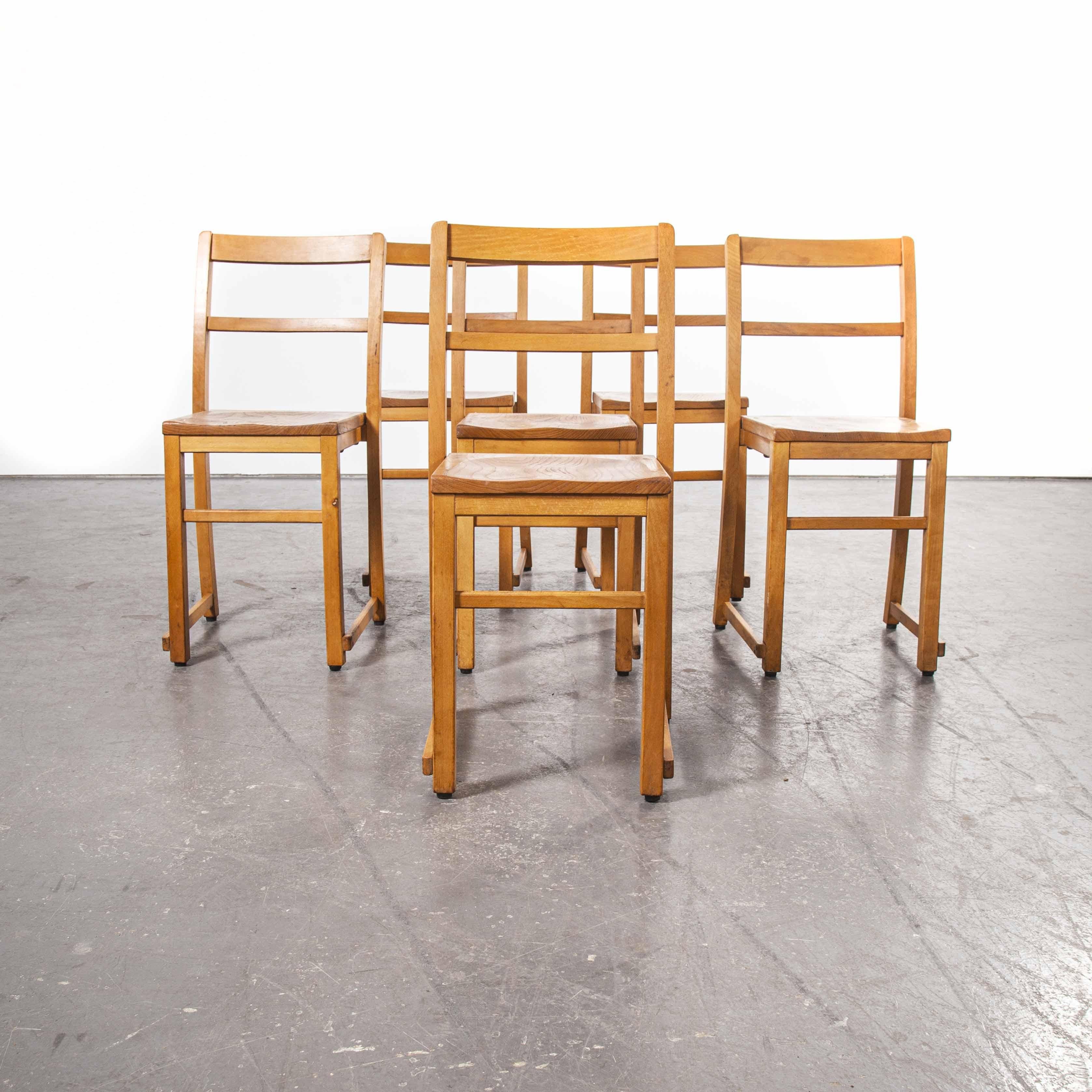 British 1920s Light Elm Chapel, Stacking Dining Chairs, Set of Six