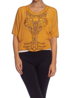 1920S Light Orange Silk Beaded & Embroidered Blouse