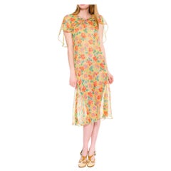 1920S Lime Green & Orange Floral Silk Mousseline Light As A Feather Drop Waist