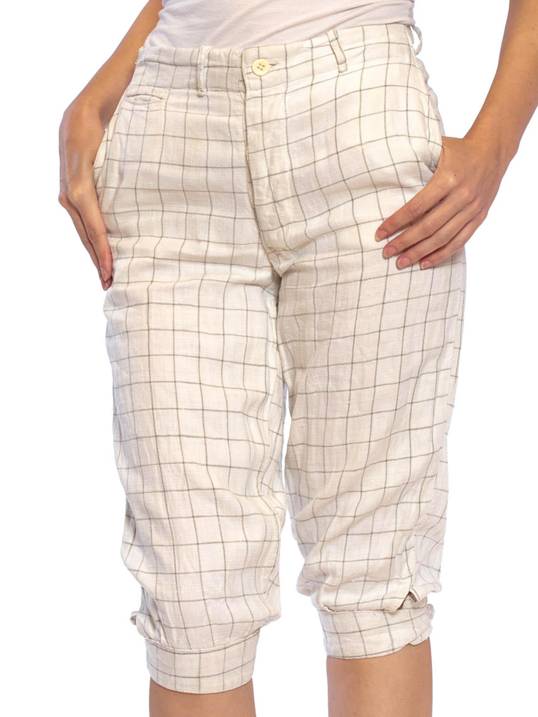 1920S Ivory & Black Linen Men's Plus Fours Checkered Pants With Patches Buckles At Cuff