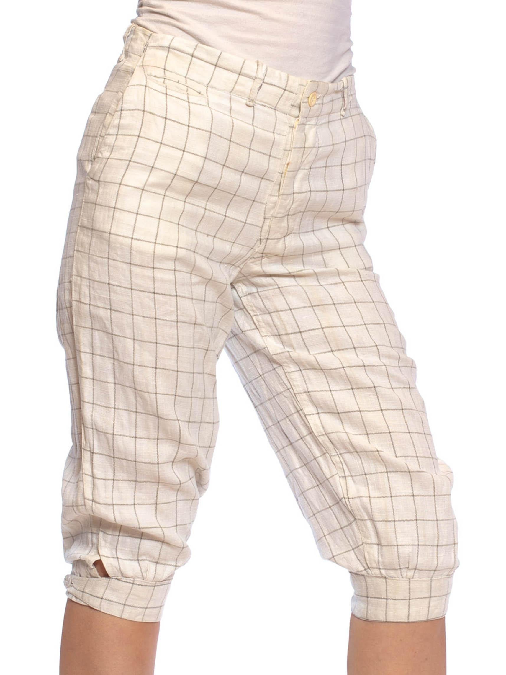 Beige 1920S Ivory & Black Linen Men's Plus Fours Checkered Pants With Patches Buckles For Sale