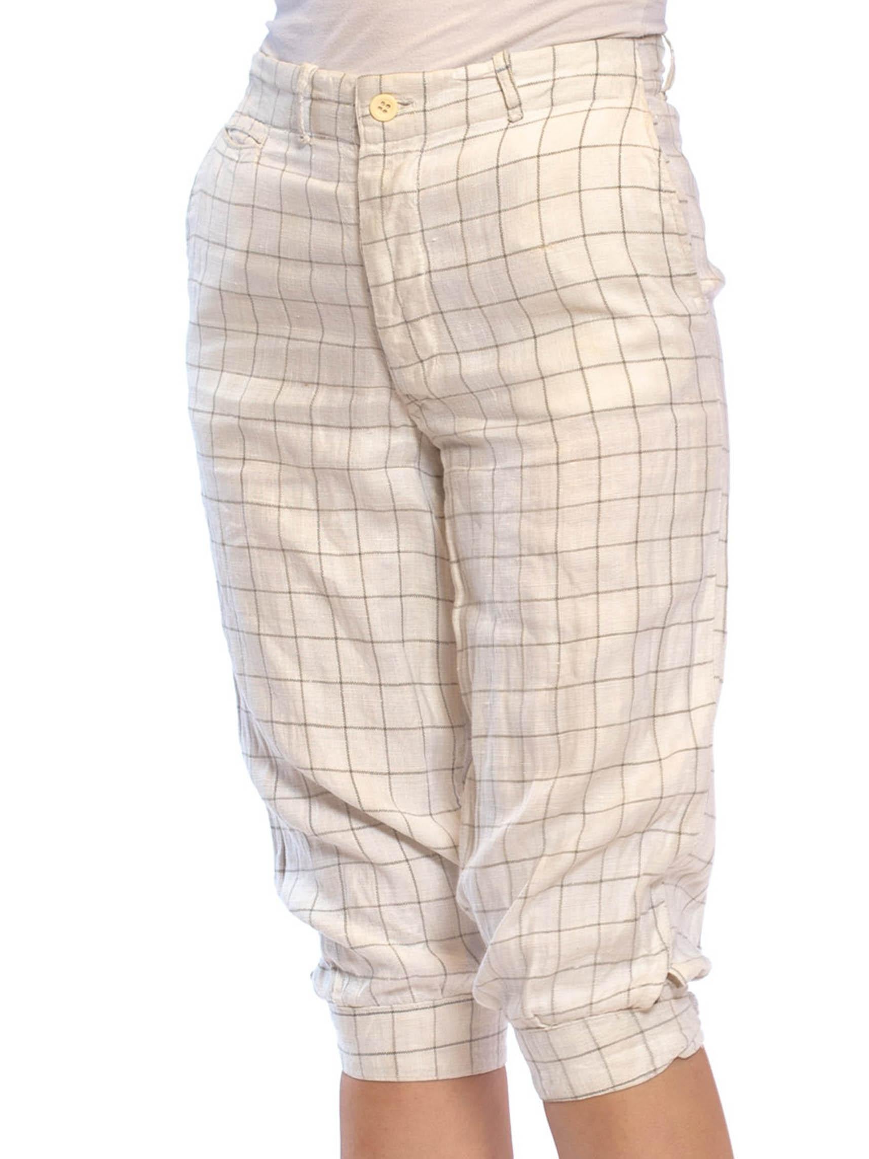 1920S Ivory & Black Linen Men's Plus Fours Checkered Pants With Patches Buckles In Excellent Condition For Sale In New York, NY