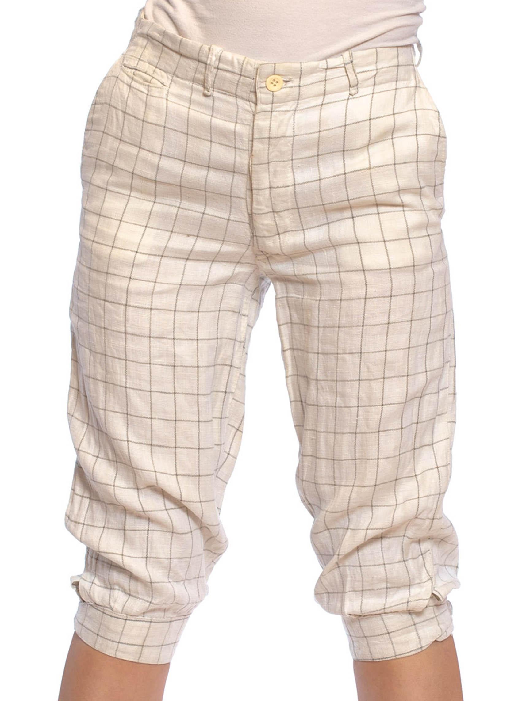 1920S Ivory & Black Linen Men's Plus Fours Checkered Pants With Patches Buckles For Sale 1