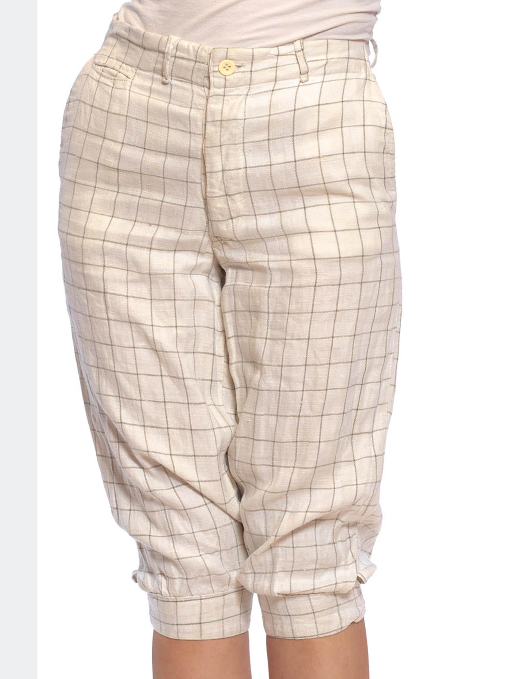 1920S Ivory & Black Linen Men's Plus Fours Checkered Pants With Patches Buckles For Sale 2