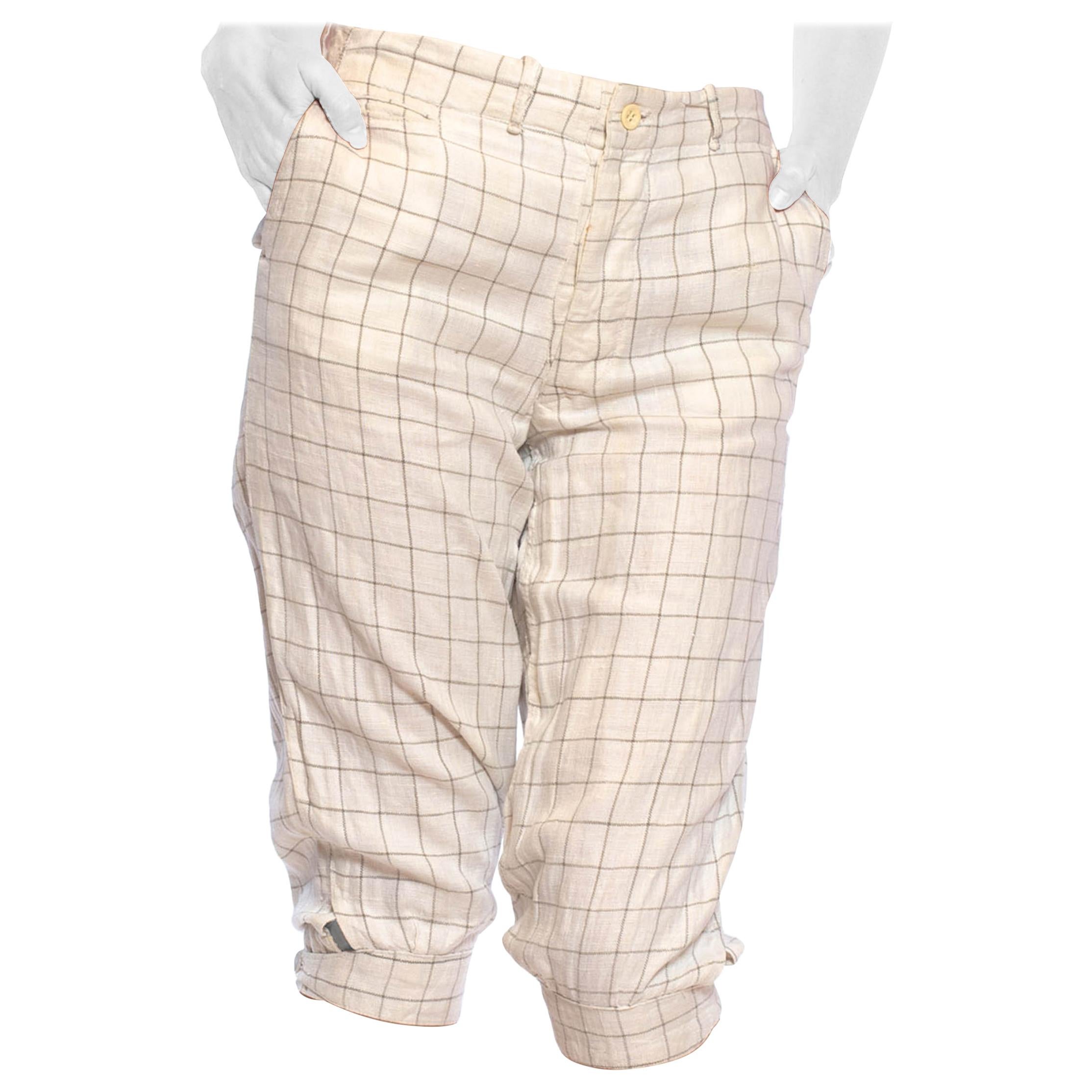 1920S Ivory & Black Linen Men's Plus Fours Checkered Pants With Patches Buckles For Sale