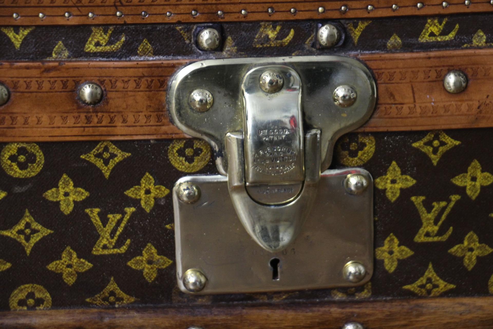 Brass 1920's Louis Vuitton Steamer Trunk in Stenciled Monogram, 90 cm Vuitton Trunk For Sale
