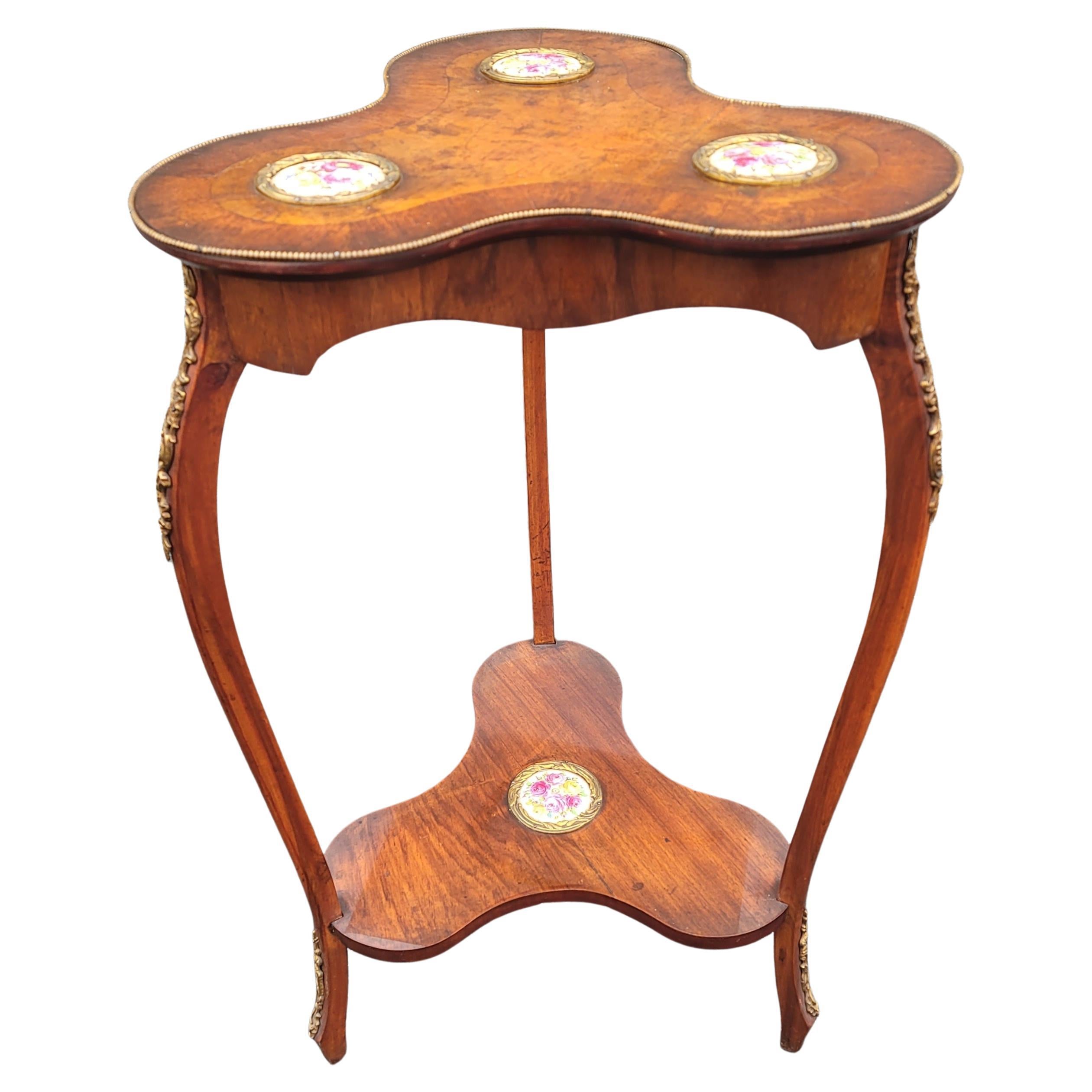 20th Century 1920s Louis XV Style Ormolu & Porcelain Insets Burled Walnut Trefoil Side Table