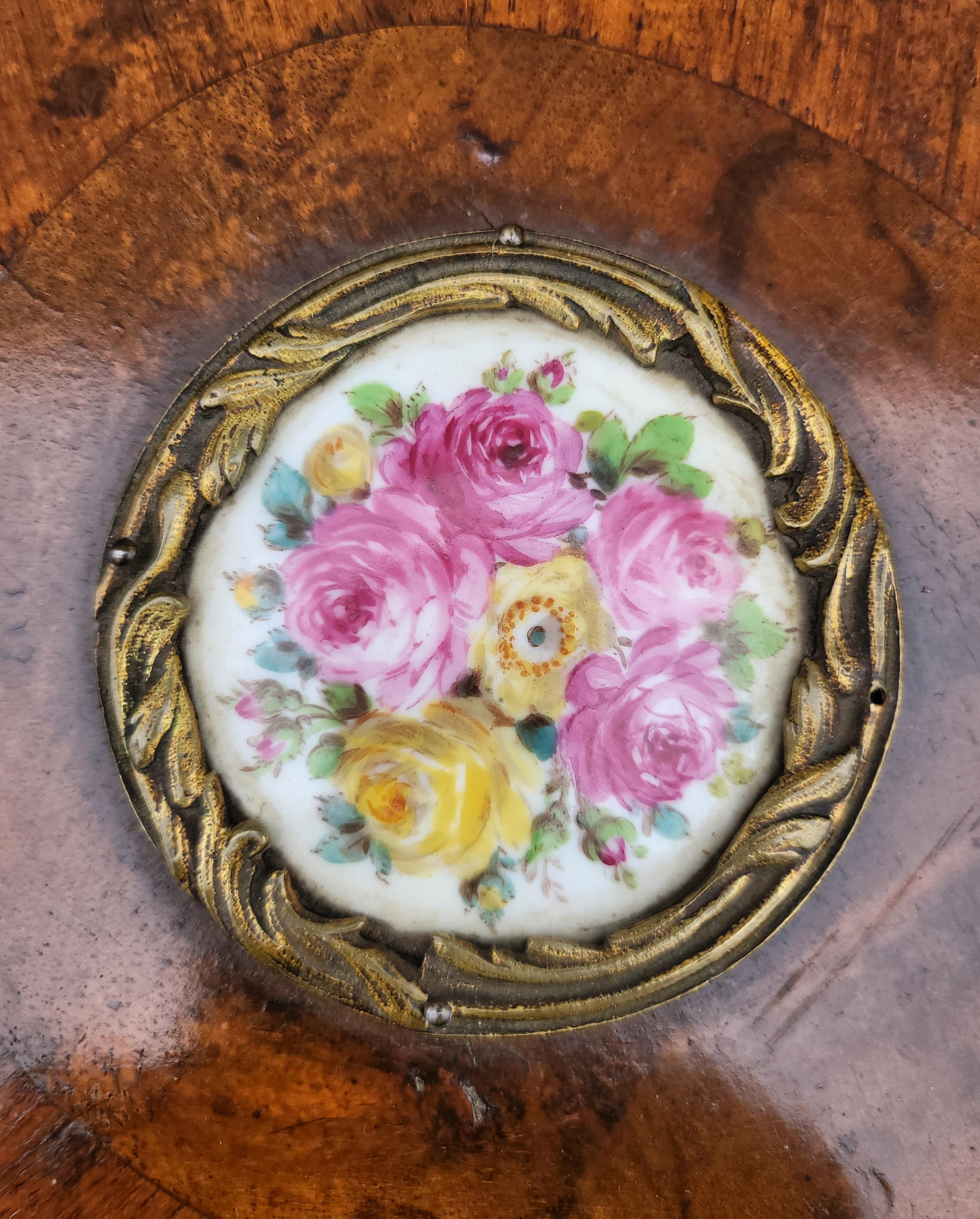 1920s Louis XV Style Ormolu & Porcelain Insets Burled Walnut Trefoil Side Table 3