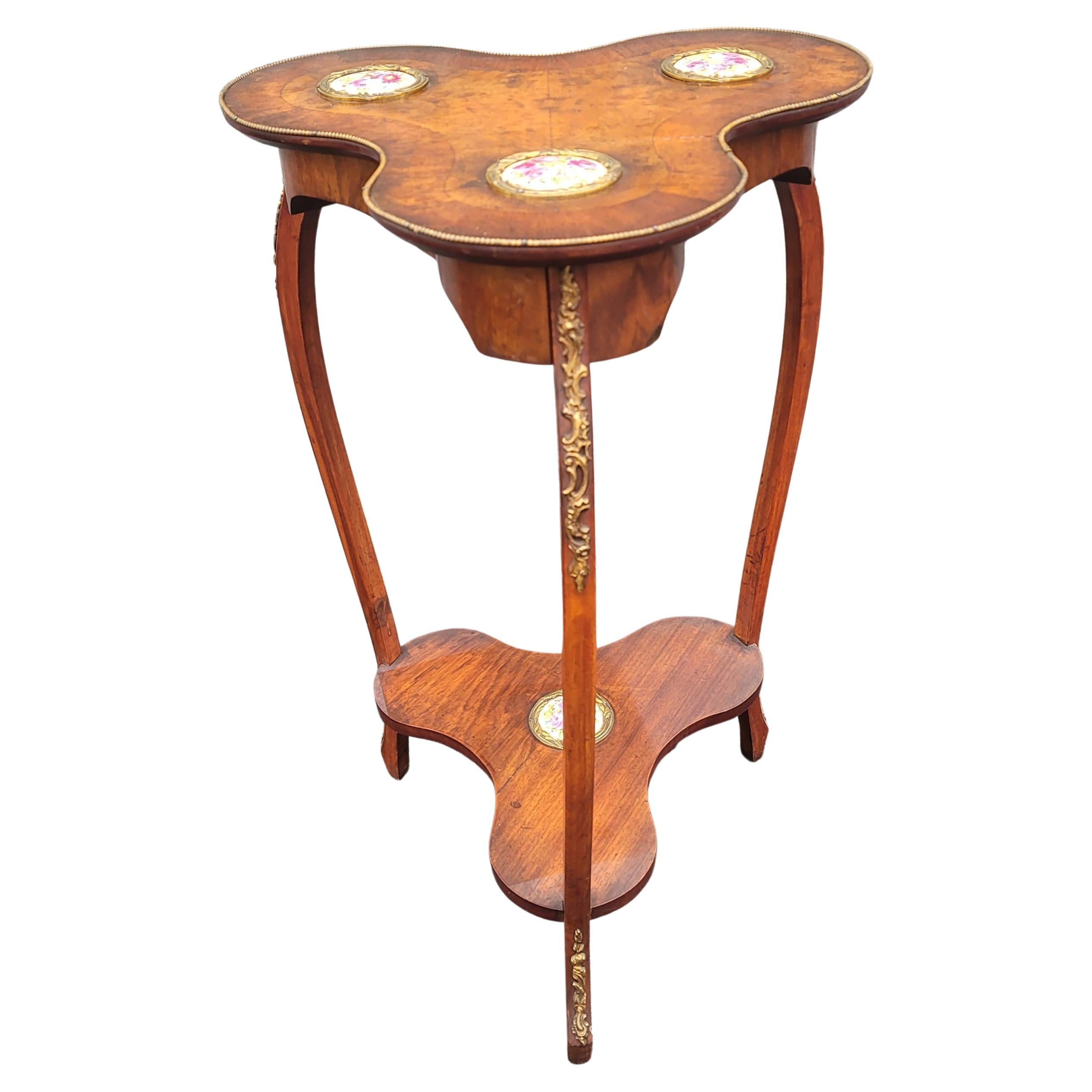1920s Louis XV Style Ormolu & Porcelain Insets Burled Walnut Trefoil Side Table