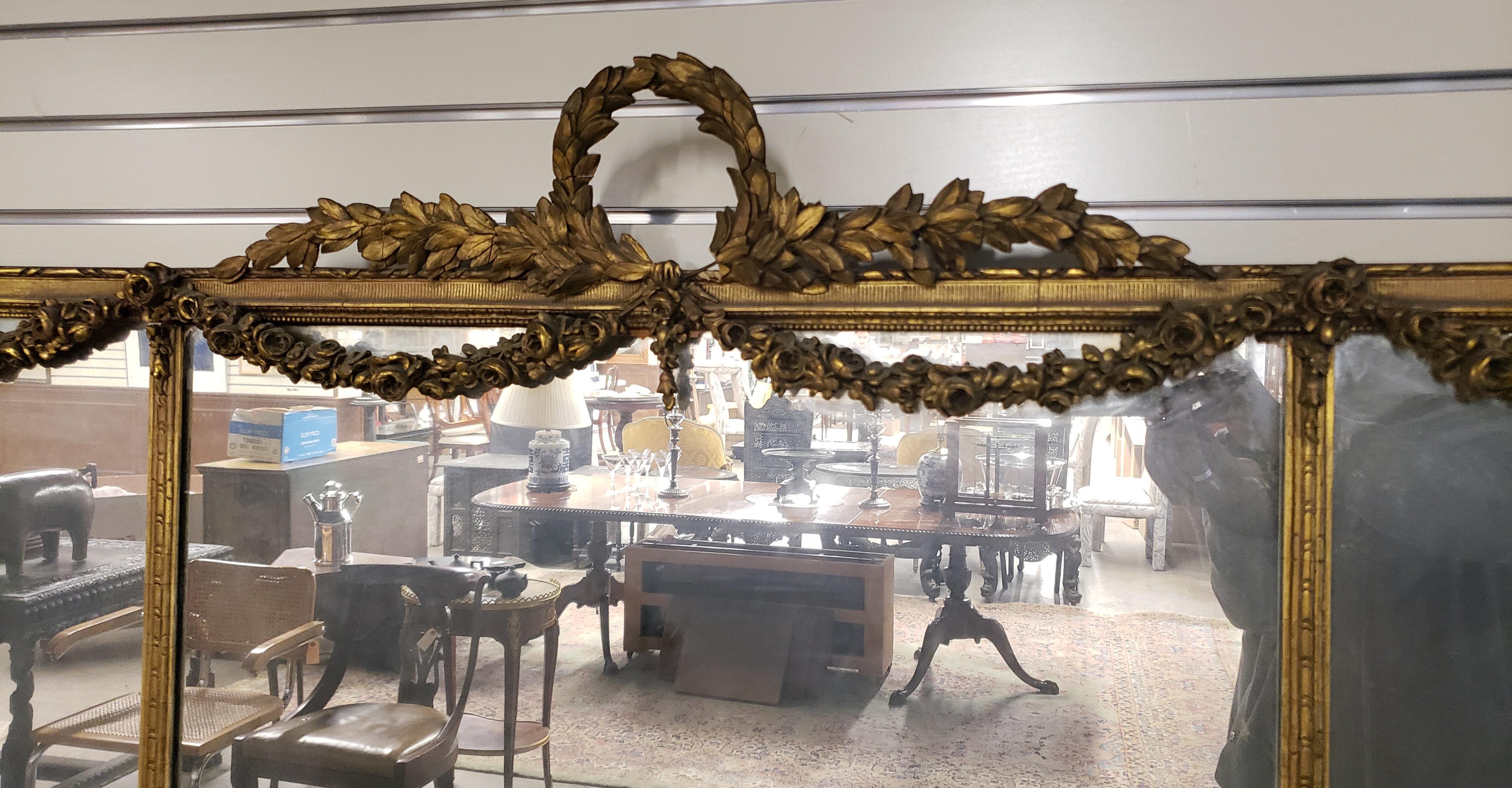 1920s Louis XVI Style Carved Gilt Wood Ornate Three Panel Over-Mantle Mirror For Sale 6