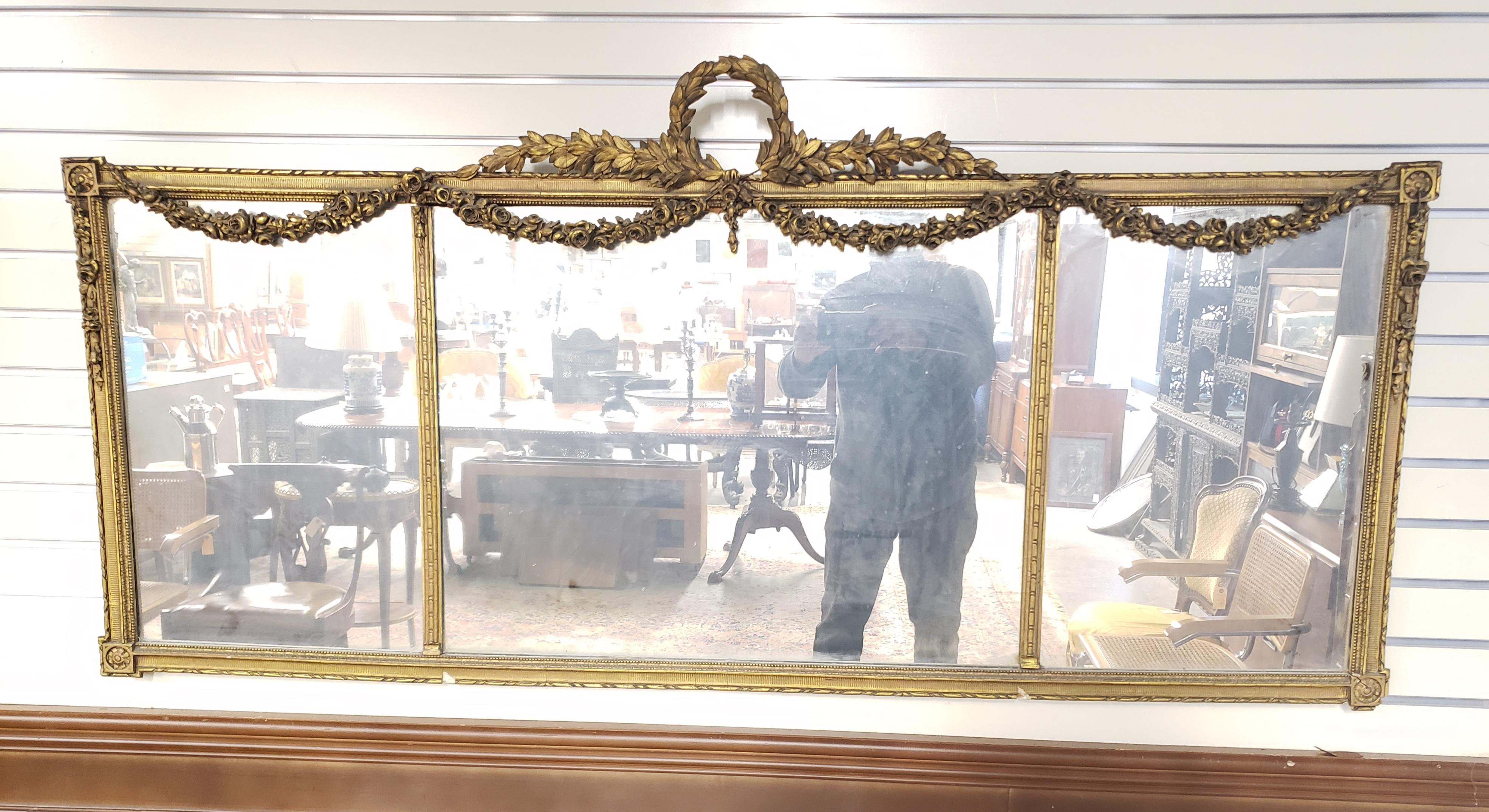 Hand-Crafted 1920s Louis XVI Style Carved Gilt Wood Ornate Three Panel Over-Mantle Mirror For Sale