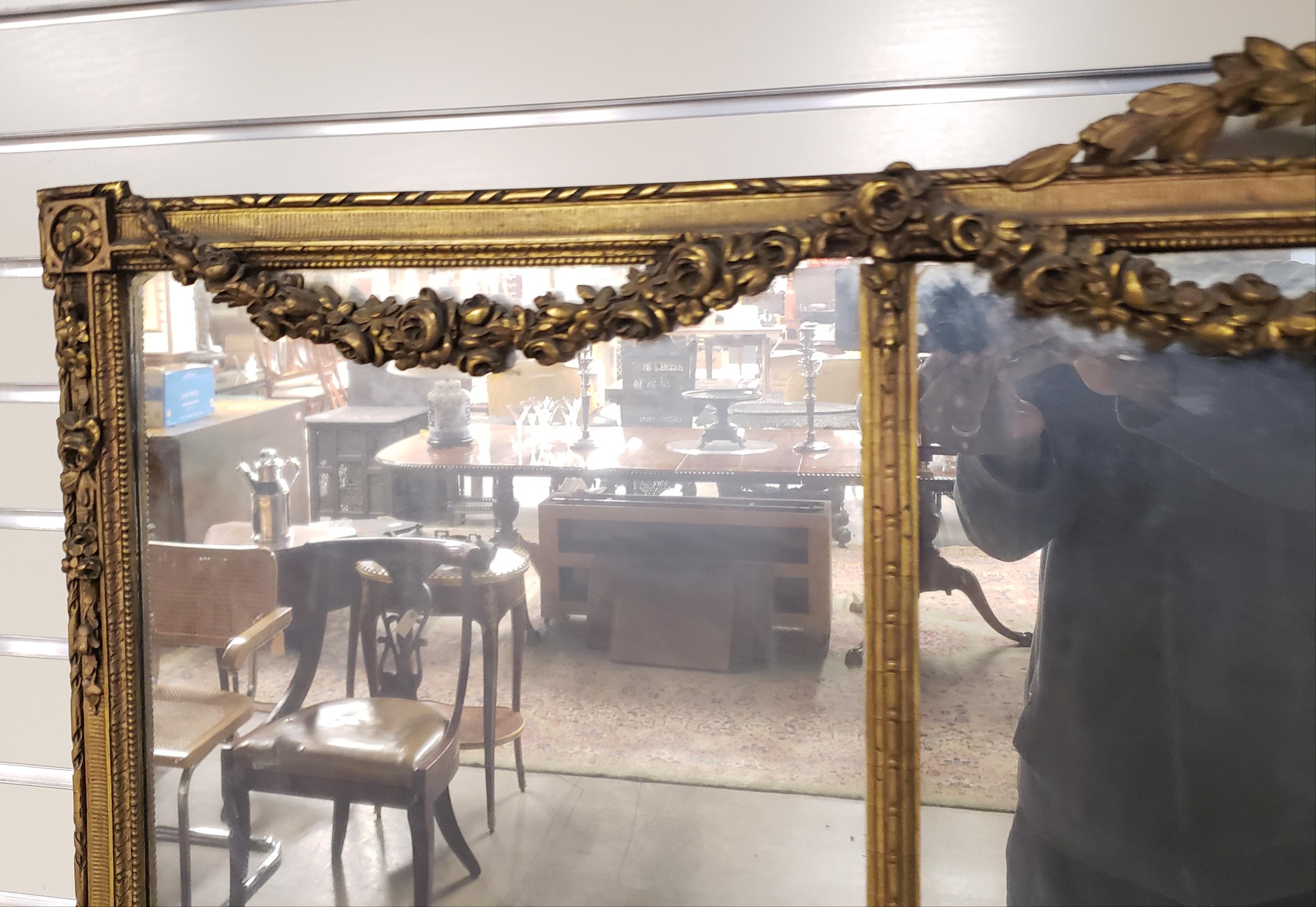 1920s Louis XVI Style Carved Gilt Wood Ornate Three Panel Over-Mantle Mirror In Good Condition For Sale In Germantown, MD