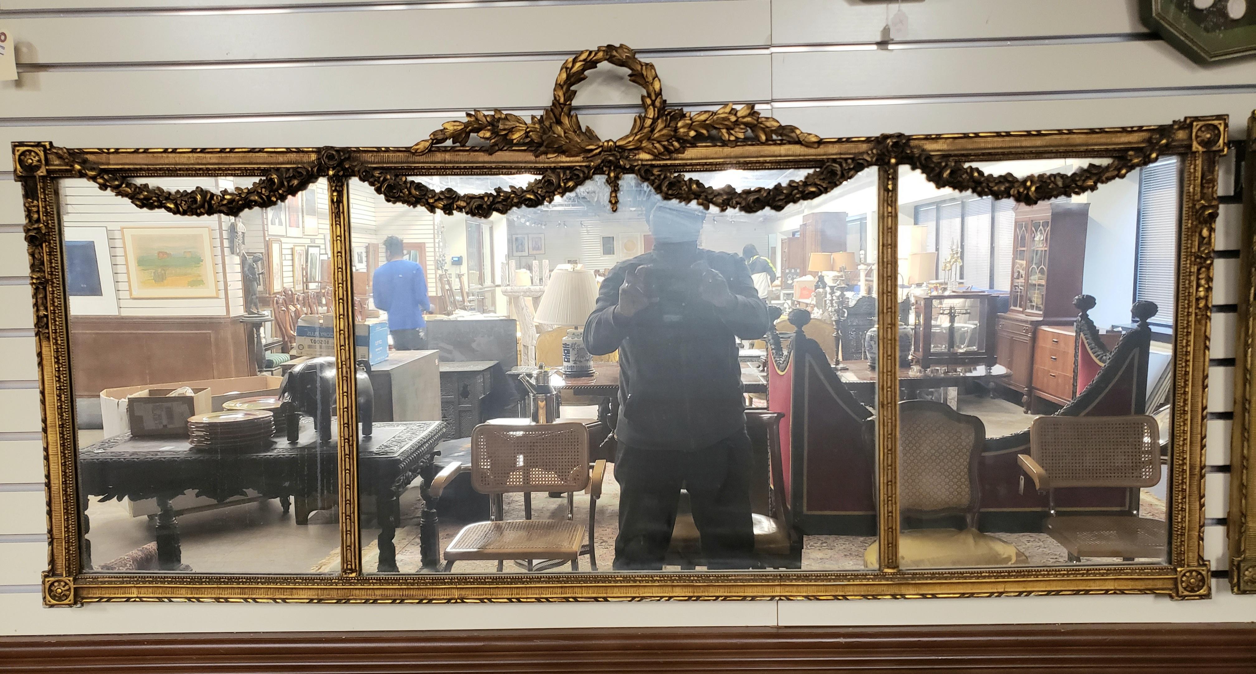 20th Century 1920s Louis XVI Style Carved Gilt Wood Ornate Three Panel Over-Mantle Mirror For Sale