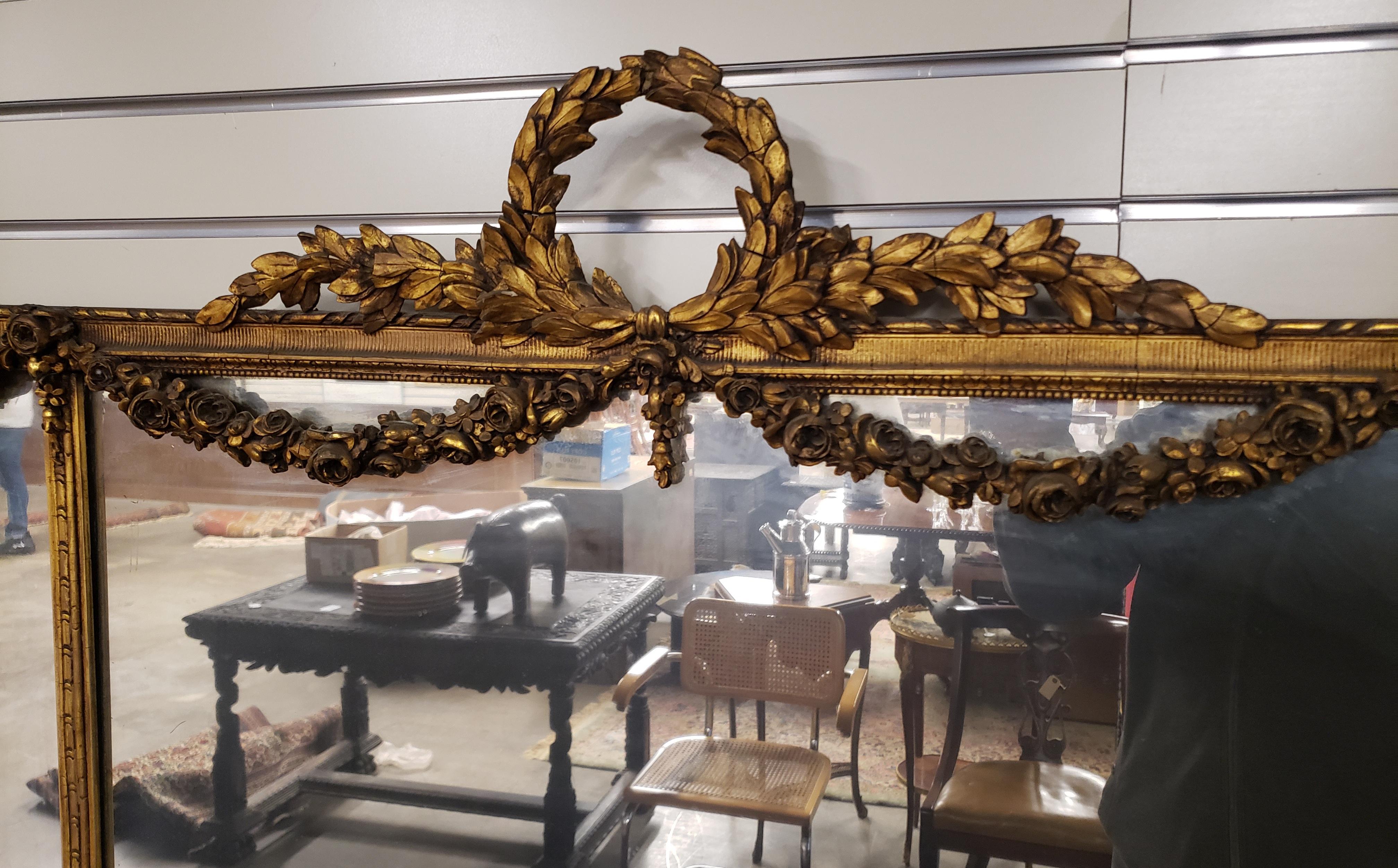 1920s Louis XVI Style Carved Gilt Wood Ornate Three Panel Over-Mantle Mirror For Sale 1