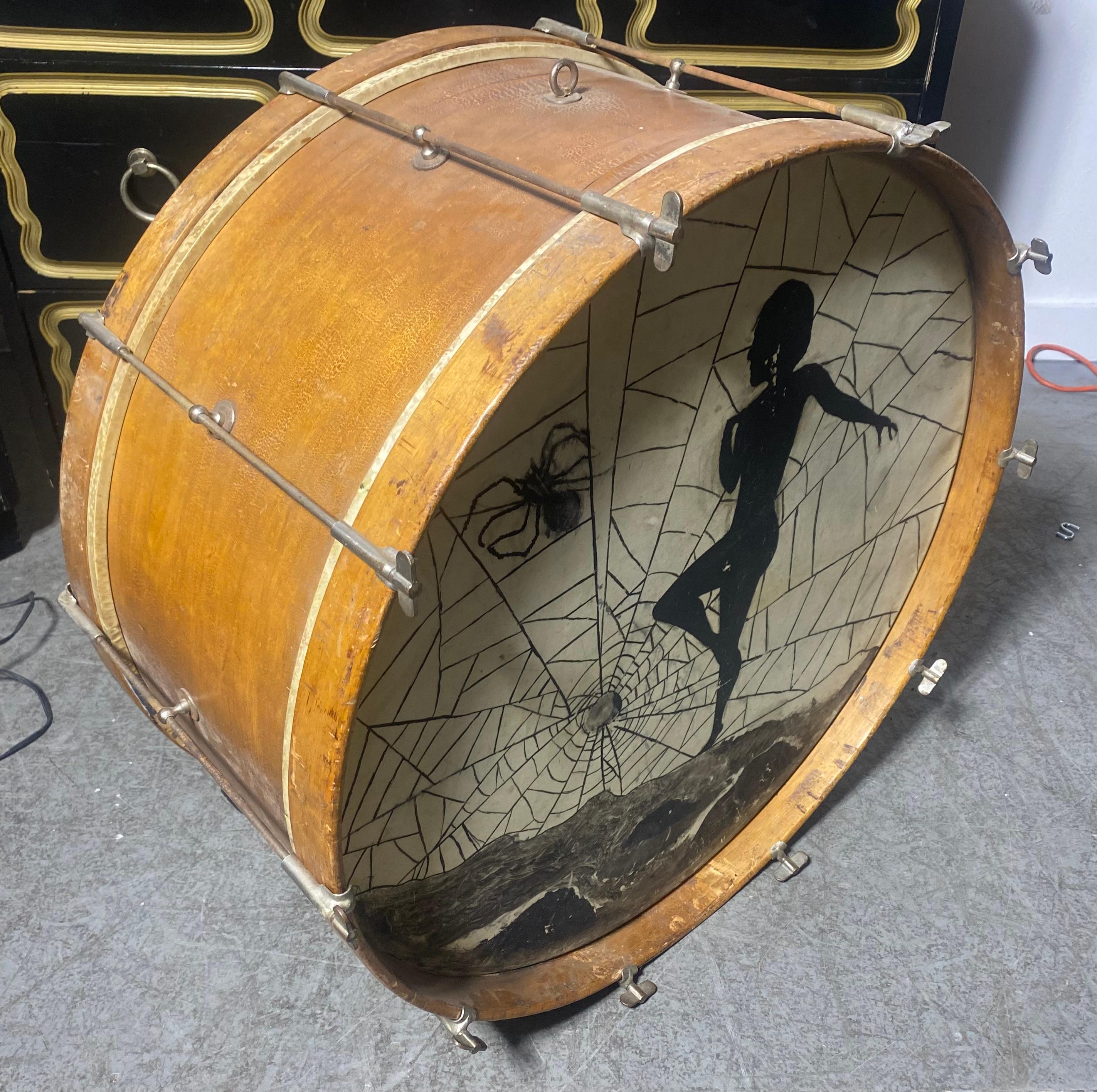 Wonderful 1920s Ludwig & Ludwig Bass Drum / lamp, Folk Art,, Hand painted Art Deco woman figure,,spider web and spider.Collectable drum and an amazing piece of art,,