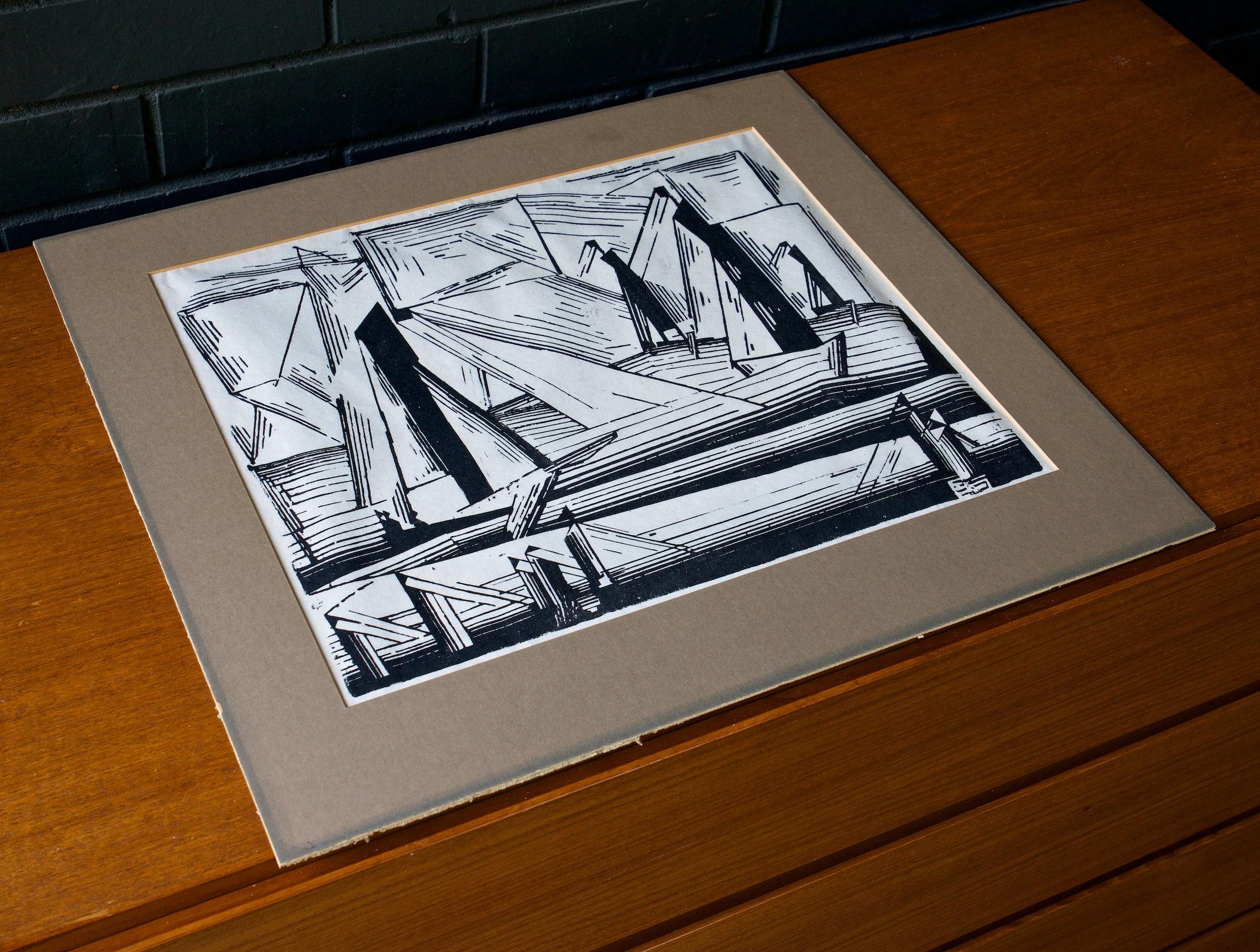 Lyonel Feininger (Américain, 1871-1956) Bateaux de pêche, 1921, gravure sur bois sur papier. Cet exemple est tiré de l'édition n° 49 du Print Club de Cleveland pour 1971, une édition posthume de 252 exemplaires. 

Image 14.75 x 11.75 in.
Matte