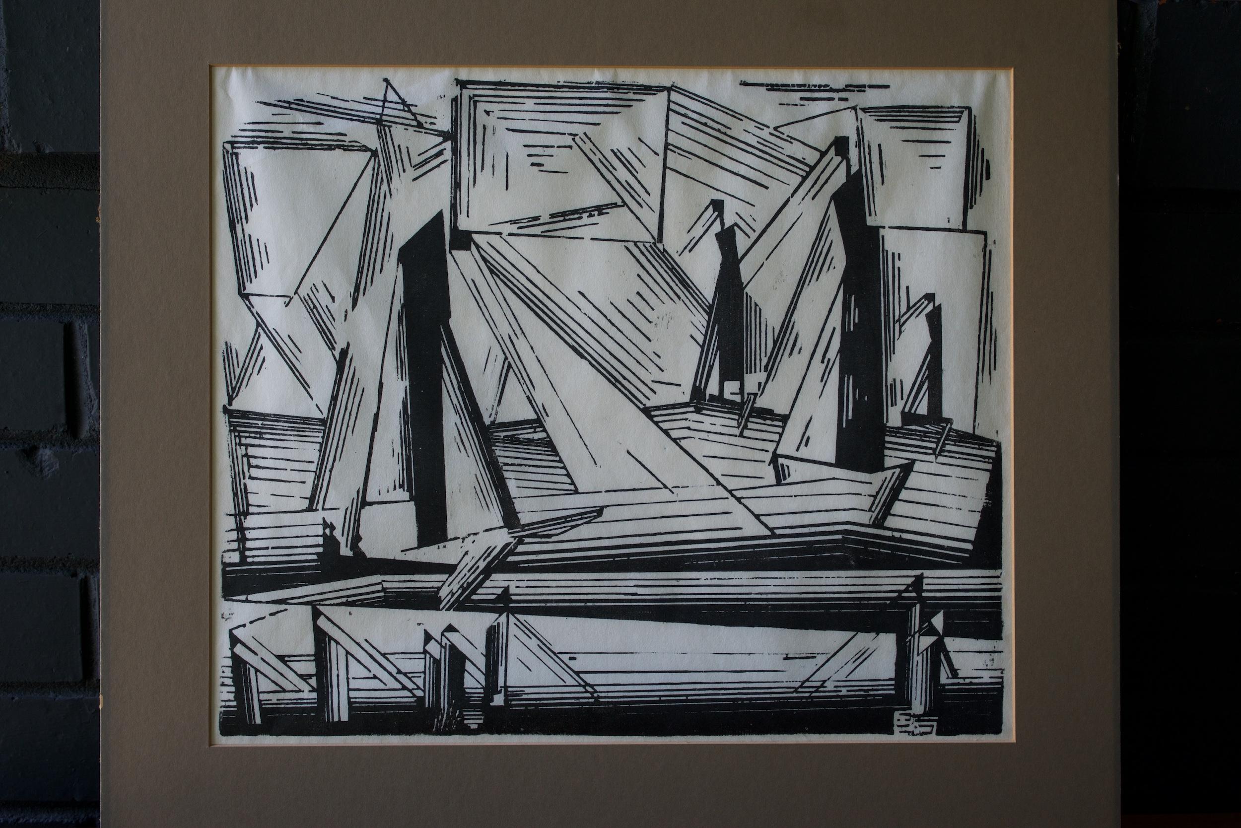 Pressé Impression cubiste abstraite urbaine et futuriste des années 1920 de Lyonel Feininger:: gravure sur bois Art déco - Vue urbaine en vente