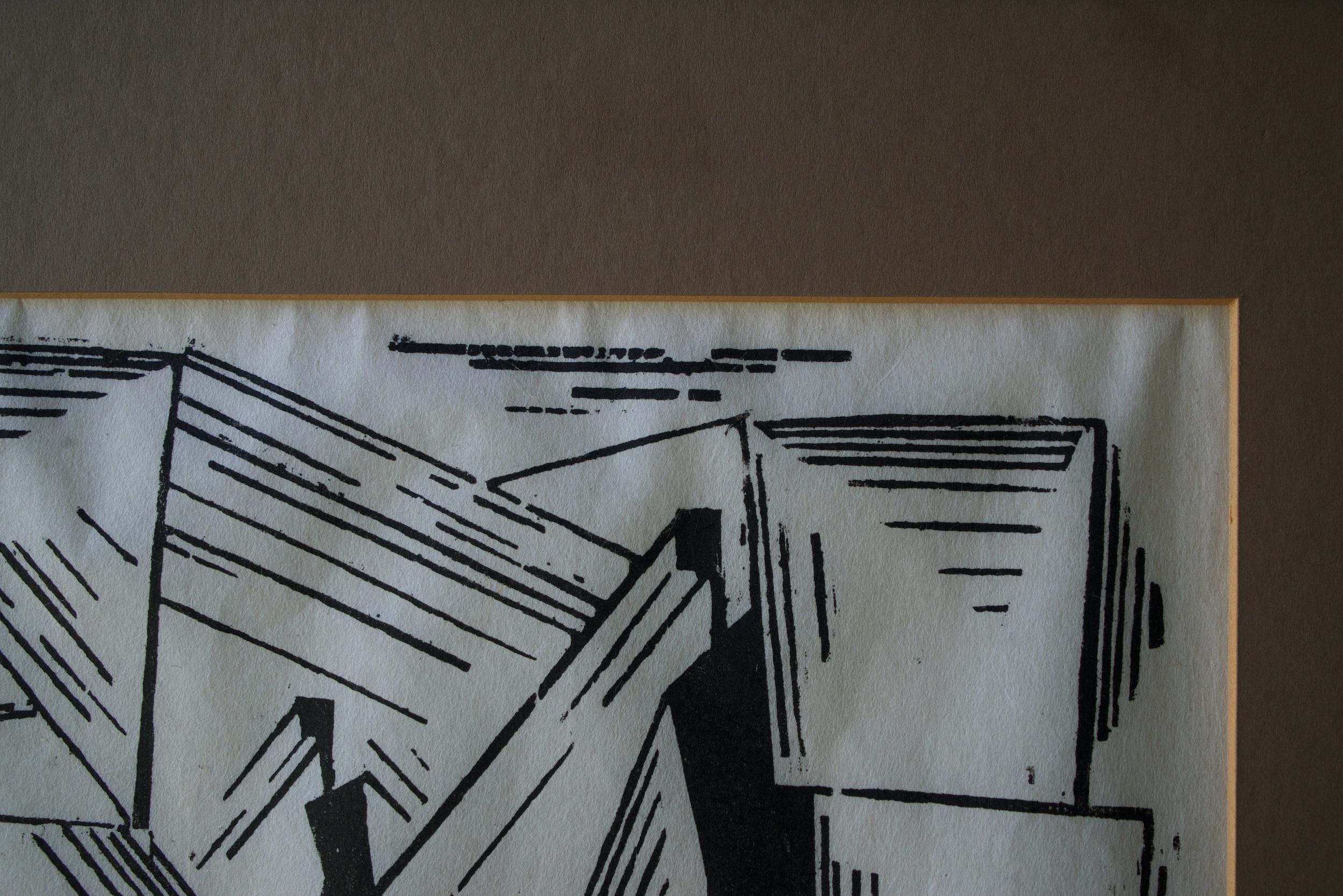 Impression cubiste abstraite urbaine et futuriste des années 1920 de Lyonel Feininger:: gravure sur bois Art déco - Vue urbaine État moyen - En vente à Hyattsville, MD