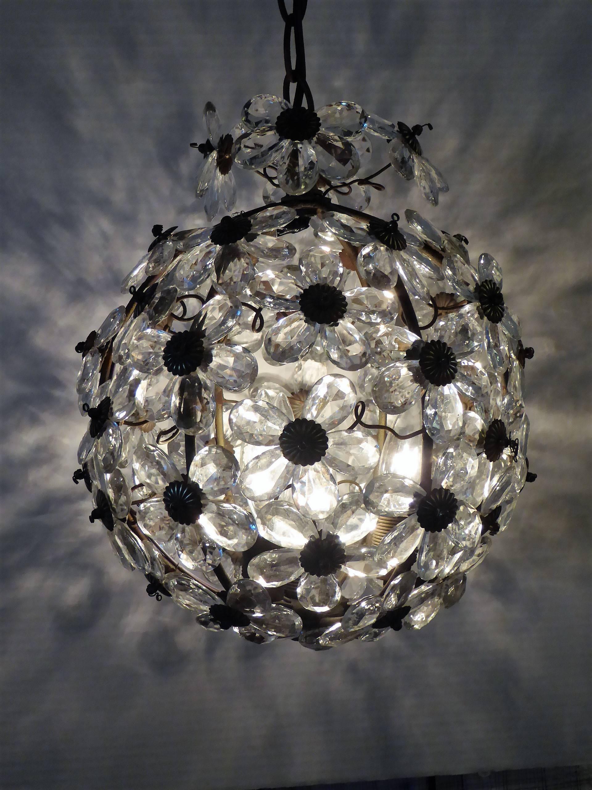 French 1920s Maison Baguès Floral Crystal Ball Form Chandelier