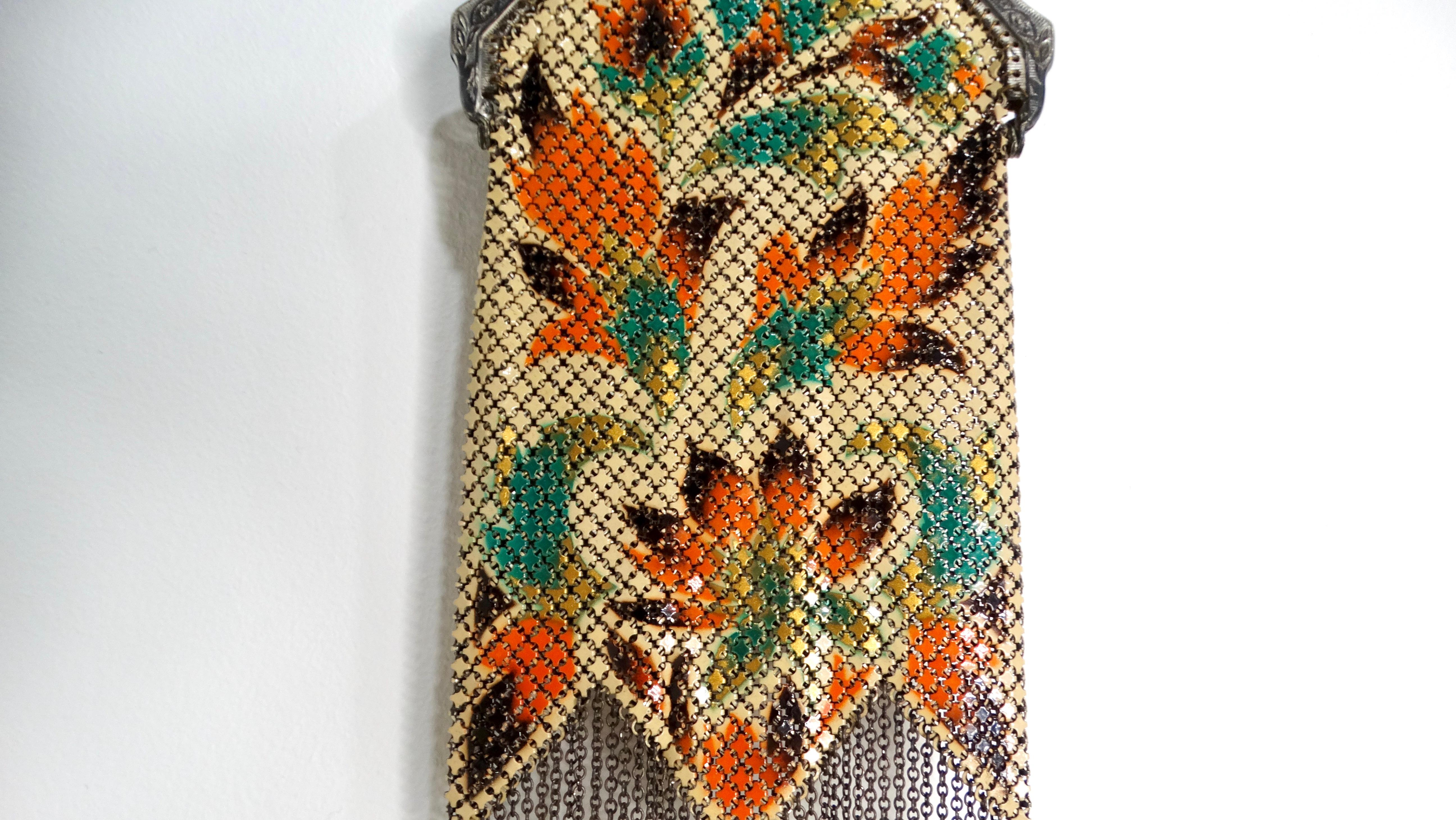 Brown 1920s Mandalian Enameled Flower Print & Silver Chain Metal Mesh Bag