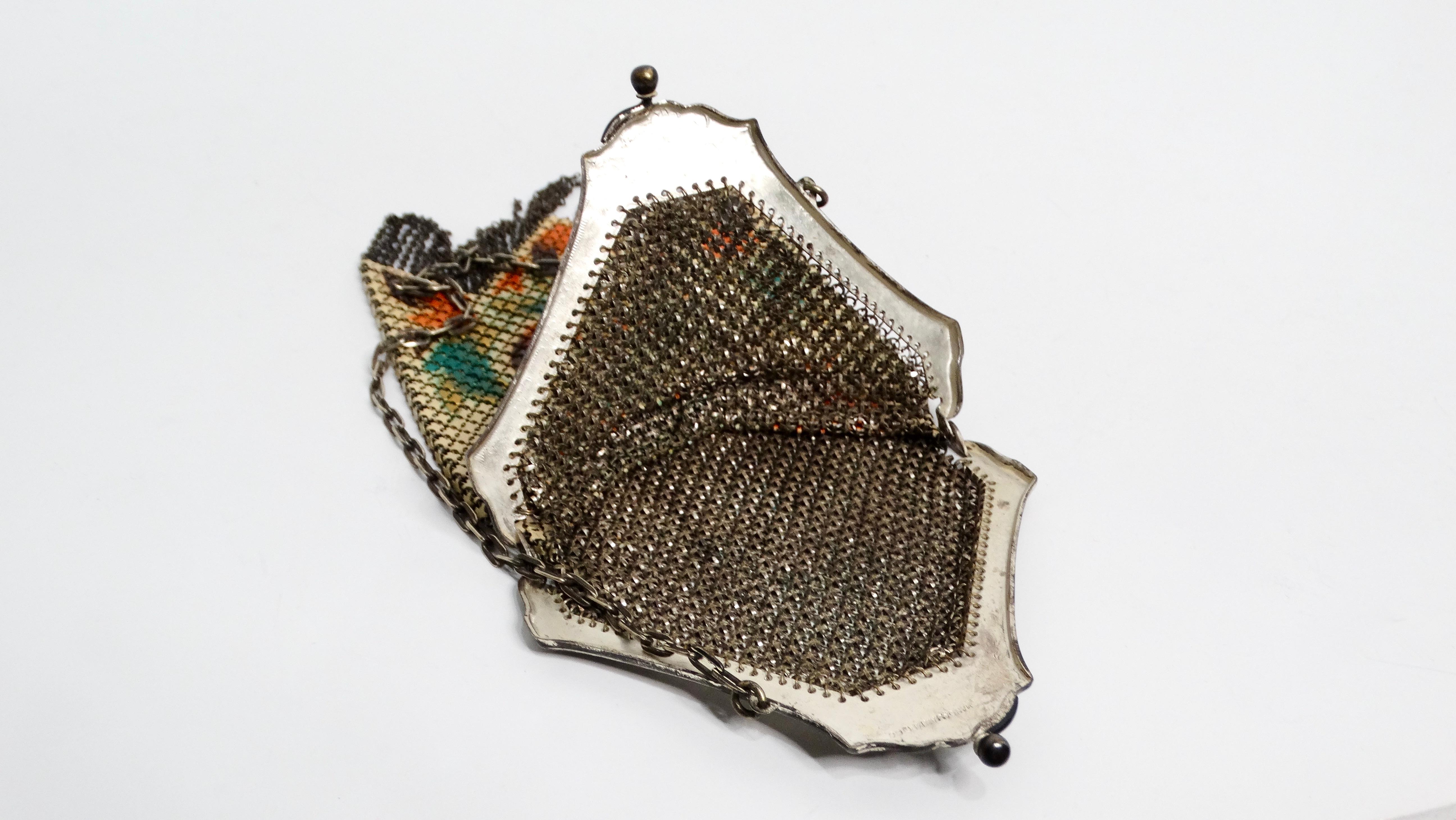 1920s Mandalian Enameled Flower Print & Silver Chain Metal Mesh Bag In Good Condition In Scottsdale, AZ
