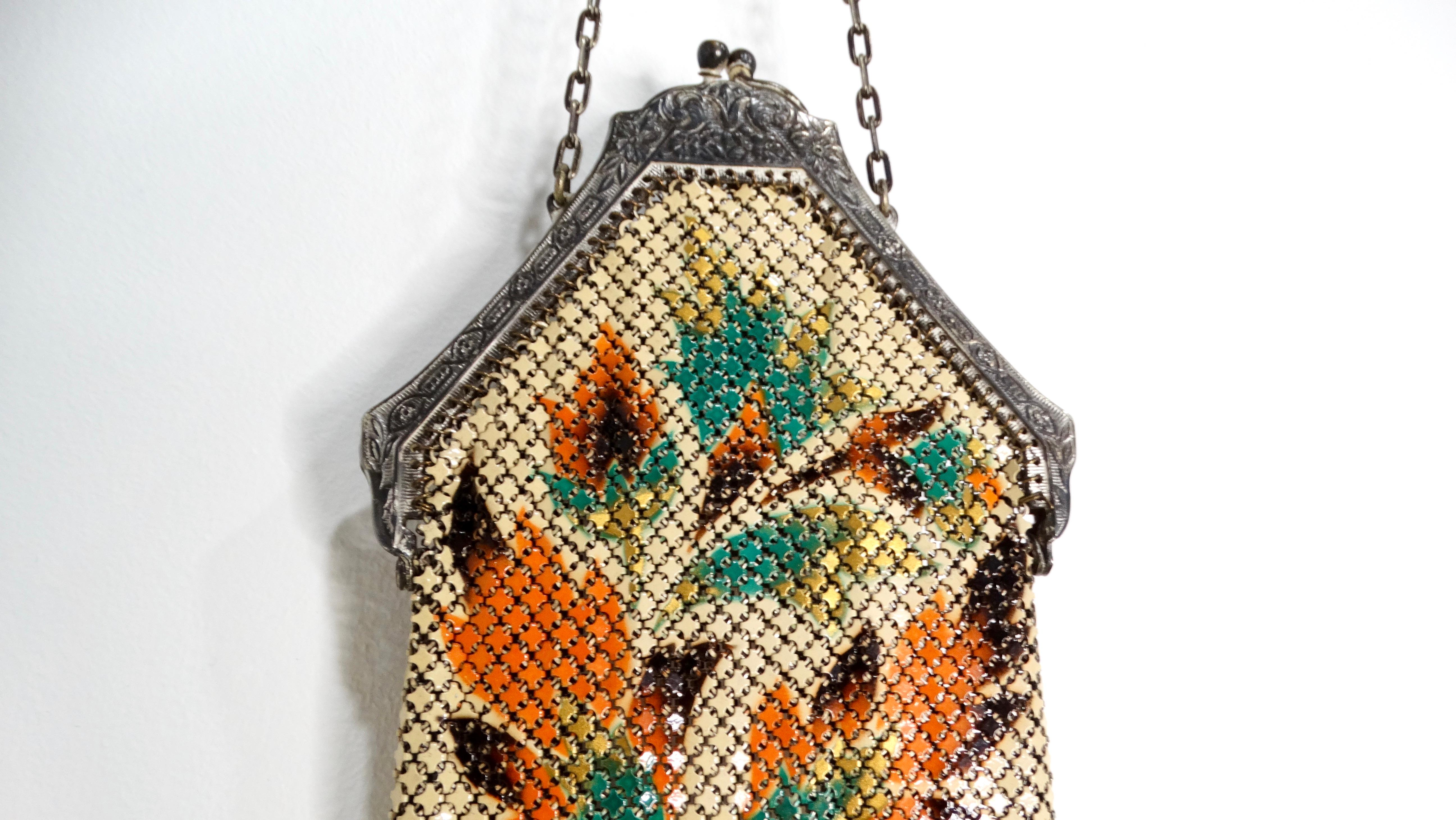 Women's 1920s Mandalian Enameled Flower Print & Silver Chain Metal Mesh Bag