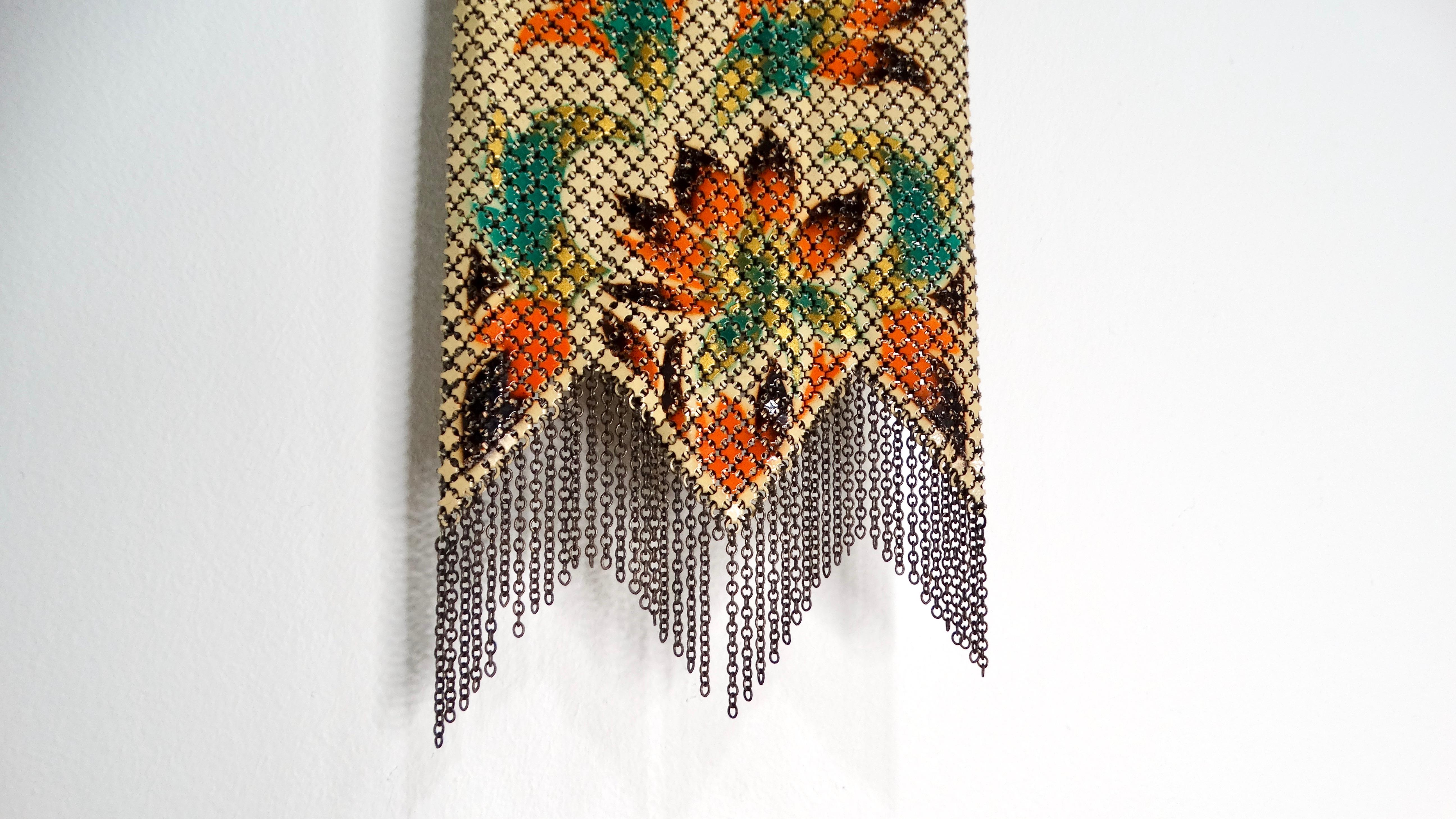 1920s Mandalian Enameled Flower Print & Silver Chain Metal Mesh Bag 1